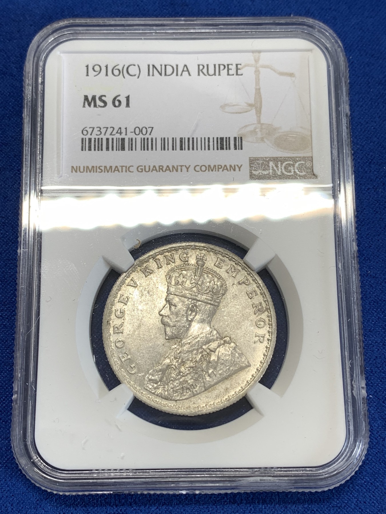 《竞宝斋》第259场-周日，周一 2场连拍 (全场包邮) NGC MS61 英属印度 1916年 C版 乔五 1卢比银币