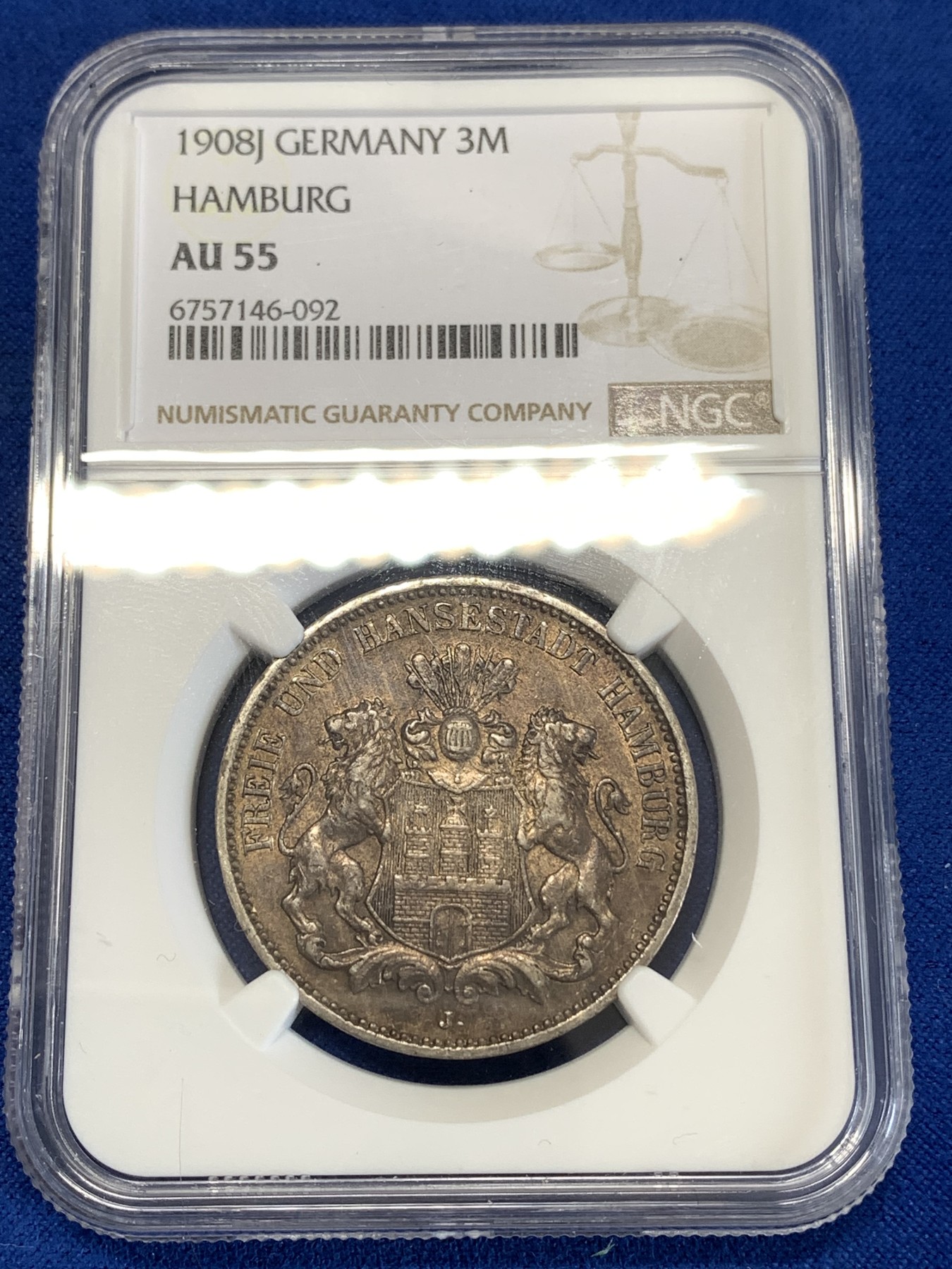 《竞宝斋》第259场-周日，周一 2场连拍 (全场包邮) NGC AU55 德国1908年汉堡双狮3马克银币 原味深包浆