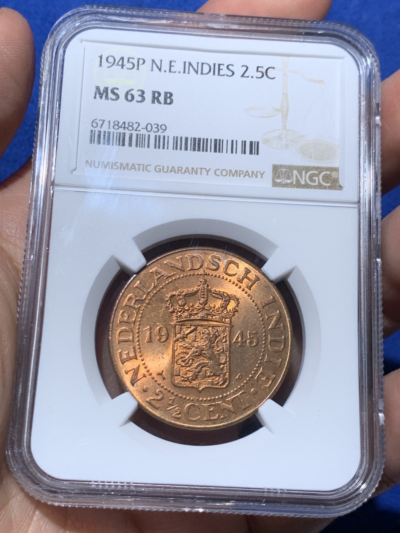 《竞宝斋》第259场-周日，周一 2场连拍 (全场包邮) NGC MS63RB 1945荷属东印度2.5C大铜币