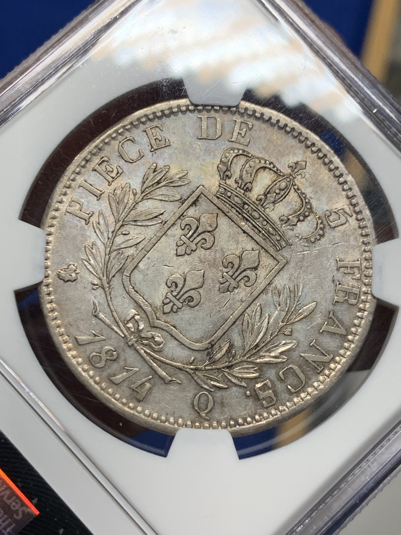 《竞宝斋》第259场-周日，周一 2场连拍 (全场包邮) NGC AU55 法国1814Q路易十八戎装版5法郎大银，稀见Q厂关门年份，铸造量仅36万枚，远少于同年A、I、L各厂。更高分仅4枚，AU以上错过难觅