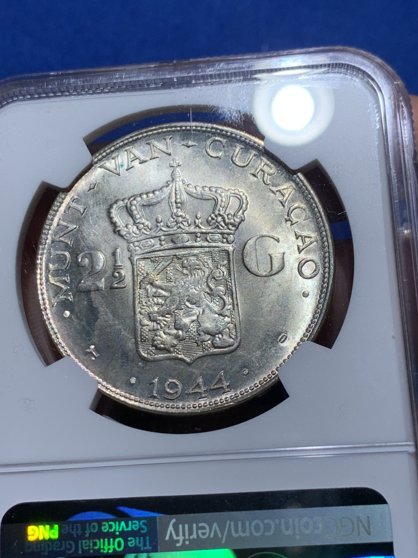 《竞宝斋》第259场-周日，周一 2场连拍 (全场包邮) NGC MS63 荷属库拉索1944D威廉明娜2.5盾大银币