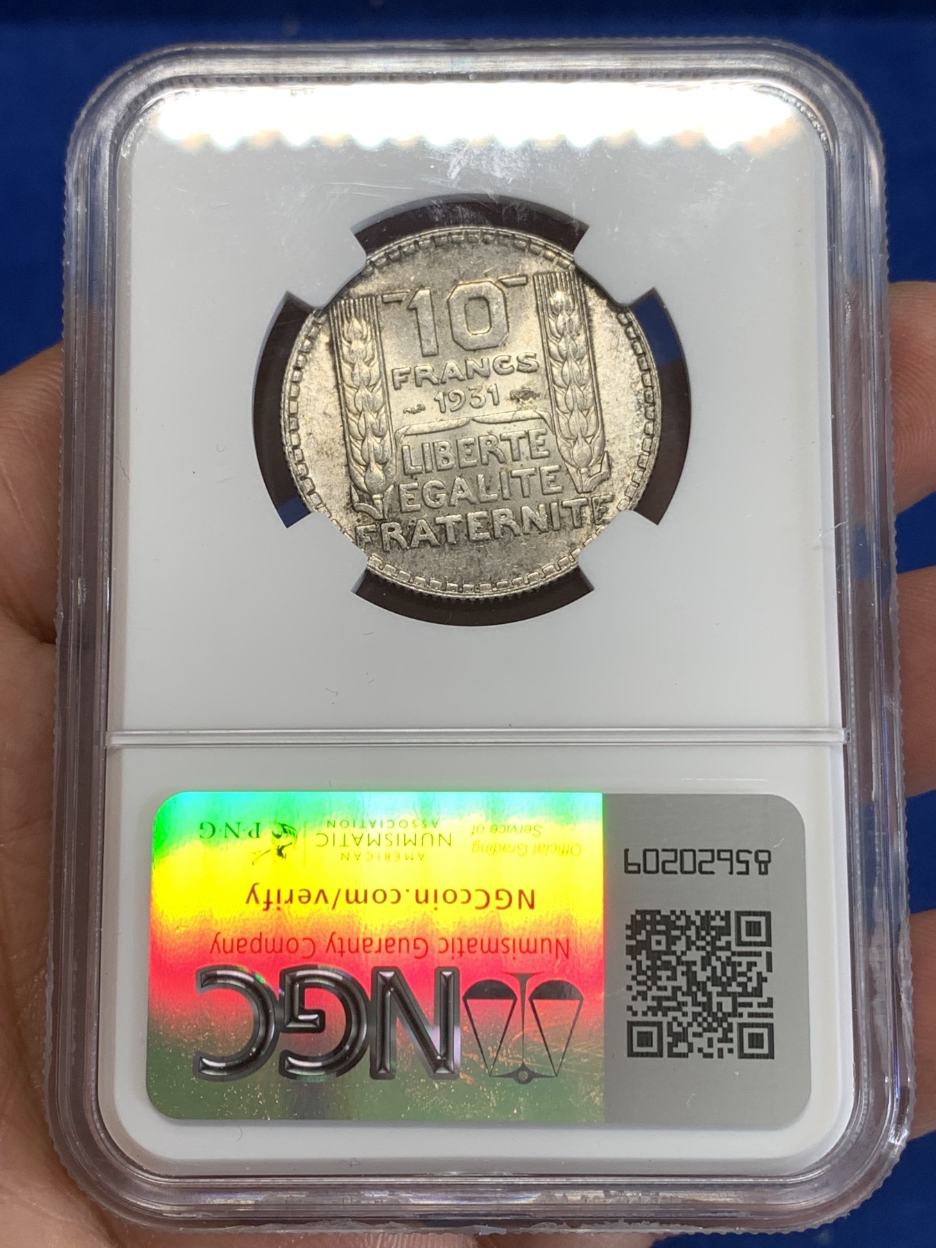 《竞宝斋》第259场-周日，周一 2场连拍 (全场包邮) NGC MS62 法国1931年谷物女神10法郎银币