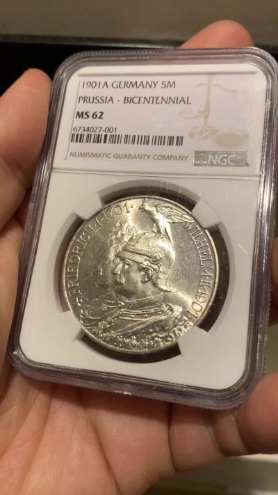 《竞宝斋》第259场-周日，周一 2场连拍 (全场包邮) NGC MS62 德国1901年普鲁士建国200周年5马克纪念银币 转光犀利 状态极佳