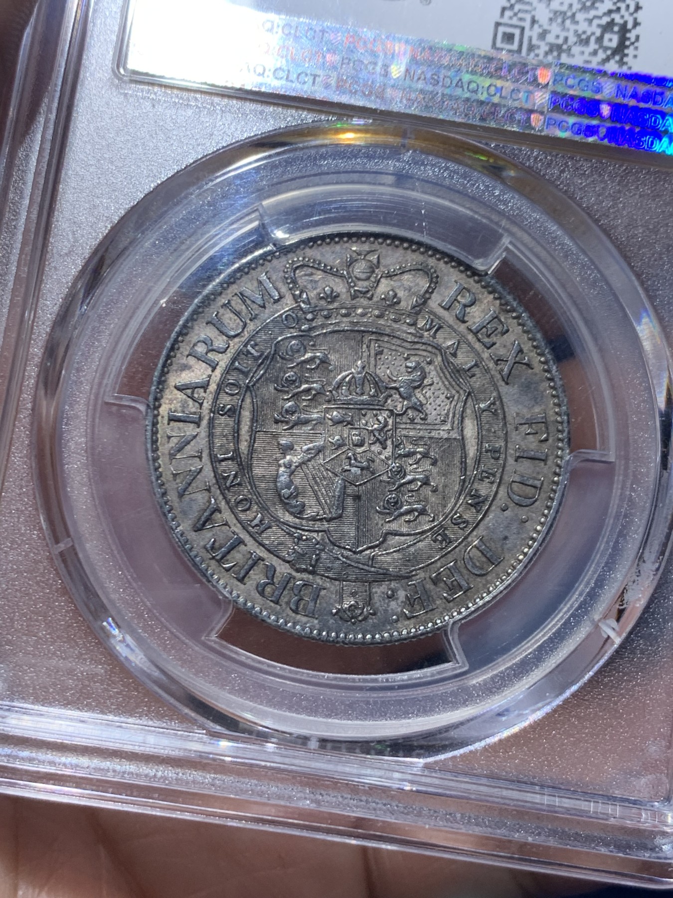 《竞宝斋》第259场-周日，周一 2场连拍 (全场包邮) PCGS AU58 英国 1817年 乔治三世 半克朗 小头版少 包浆舒服 味道一流