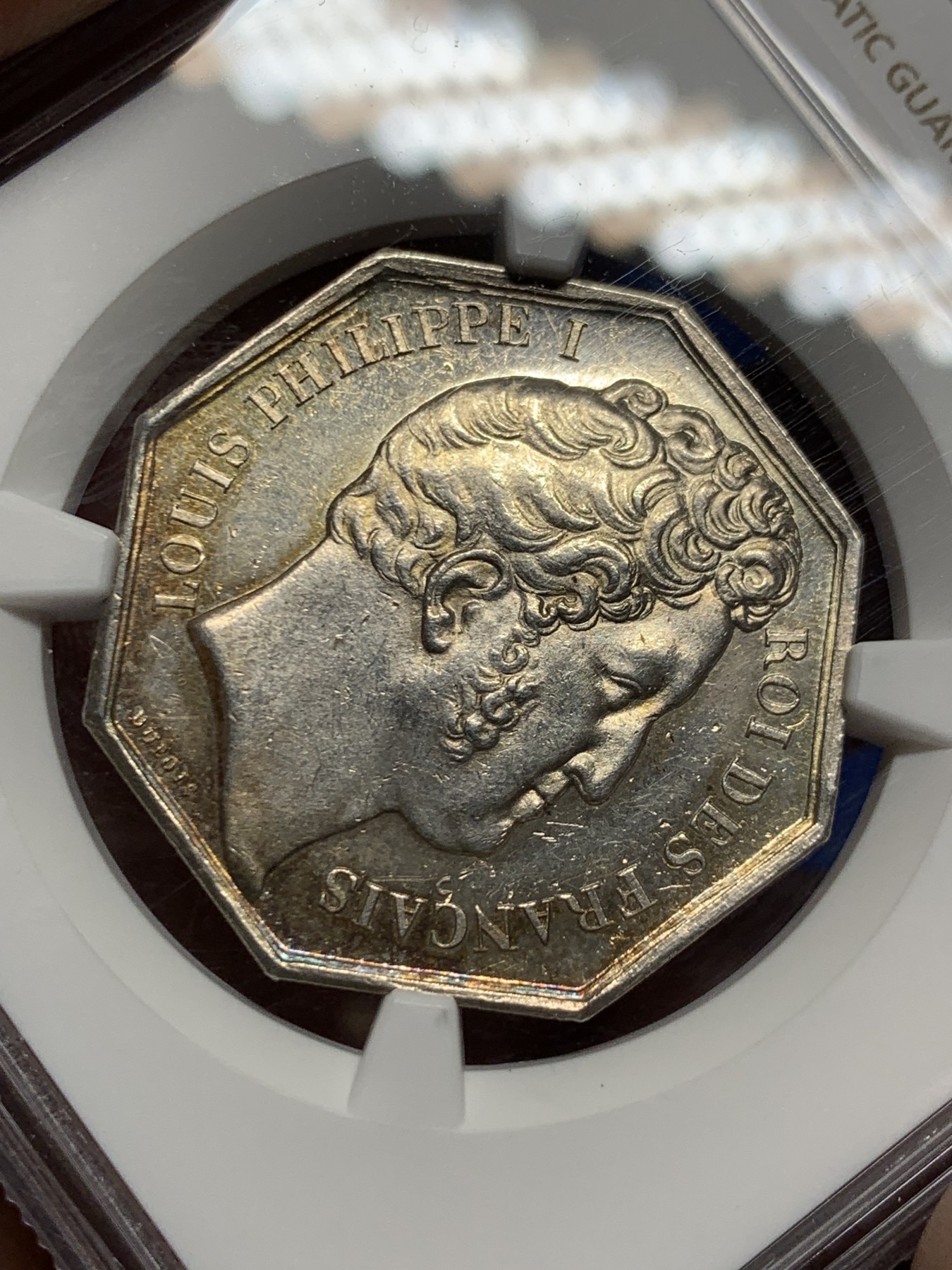 《竞宝斋》第259场-周日，周一 2场连拍 (全场包邮) NGC MS60 法国奥尔良社会八角银质代币 杜伯瓦作品 正面菲利普一世 早期油灯边铭