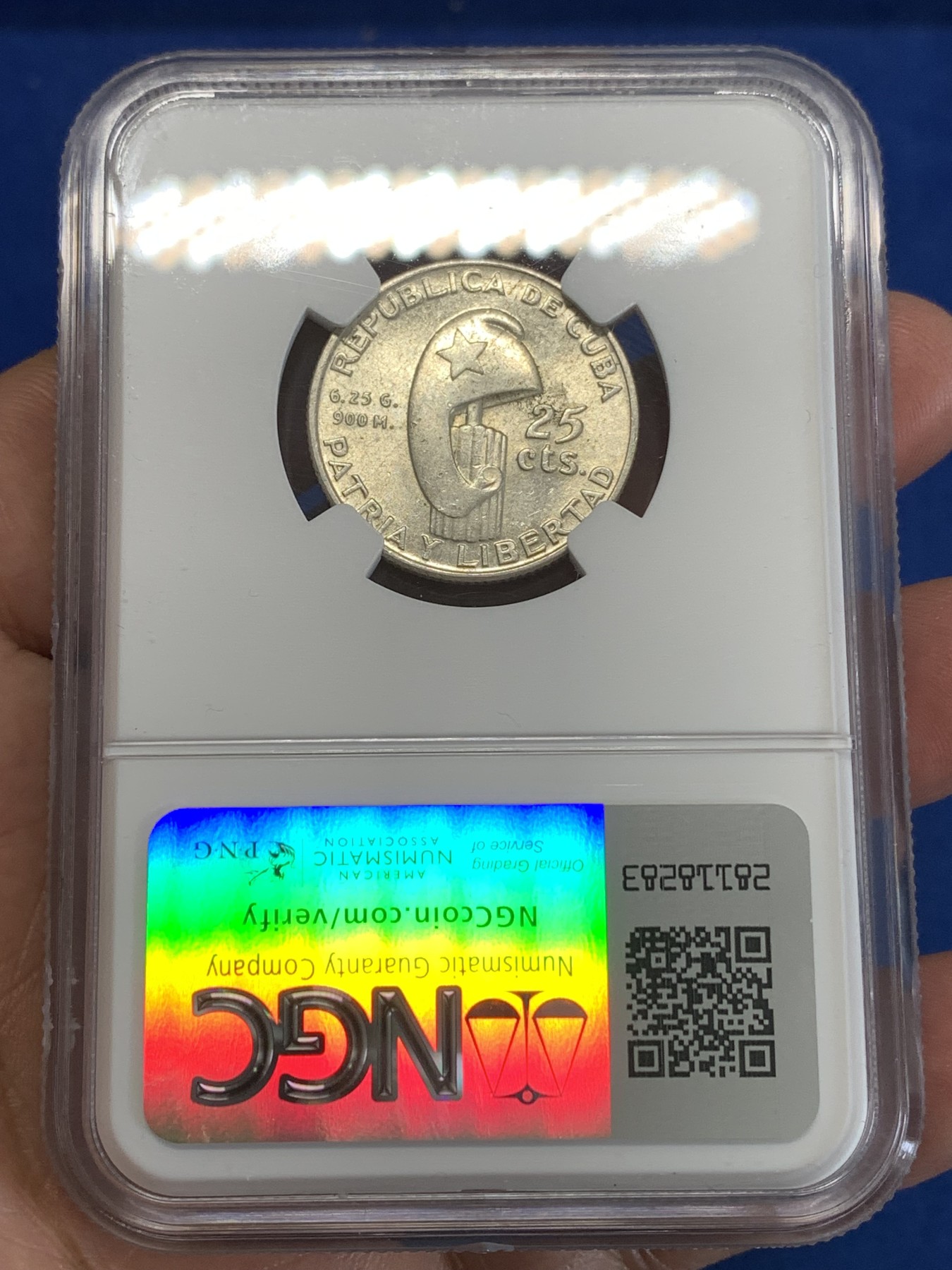 《竞宝斋》第259场-周日，周一 2场连拍 (全场包邮) NGC MS62 古巴1953年 何塞马丁百年纪念 25分银币