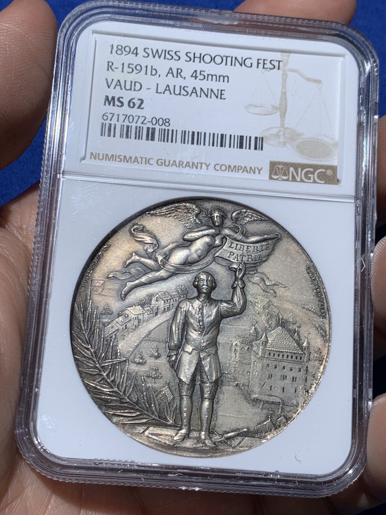 《竞宝斋》第259场-周日，周一 2场连拍 (全场包邮) NGC MS62 1894年瑞士洛桑射击节飞天女神双头鹰大银章 磨砂精铸 稀少品种 设计精美大气 非常吸引人