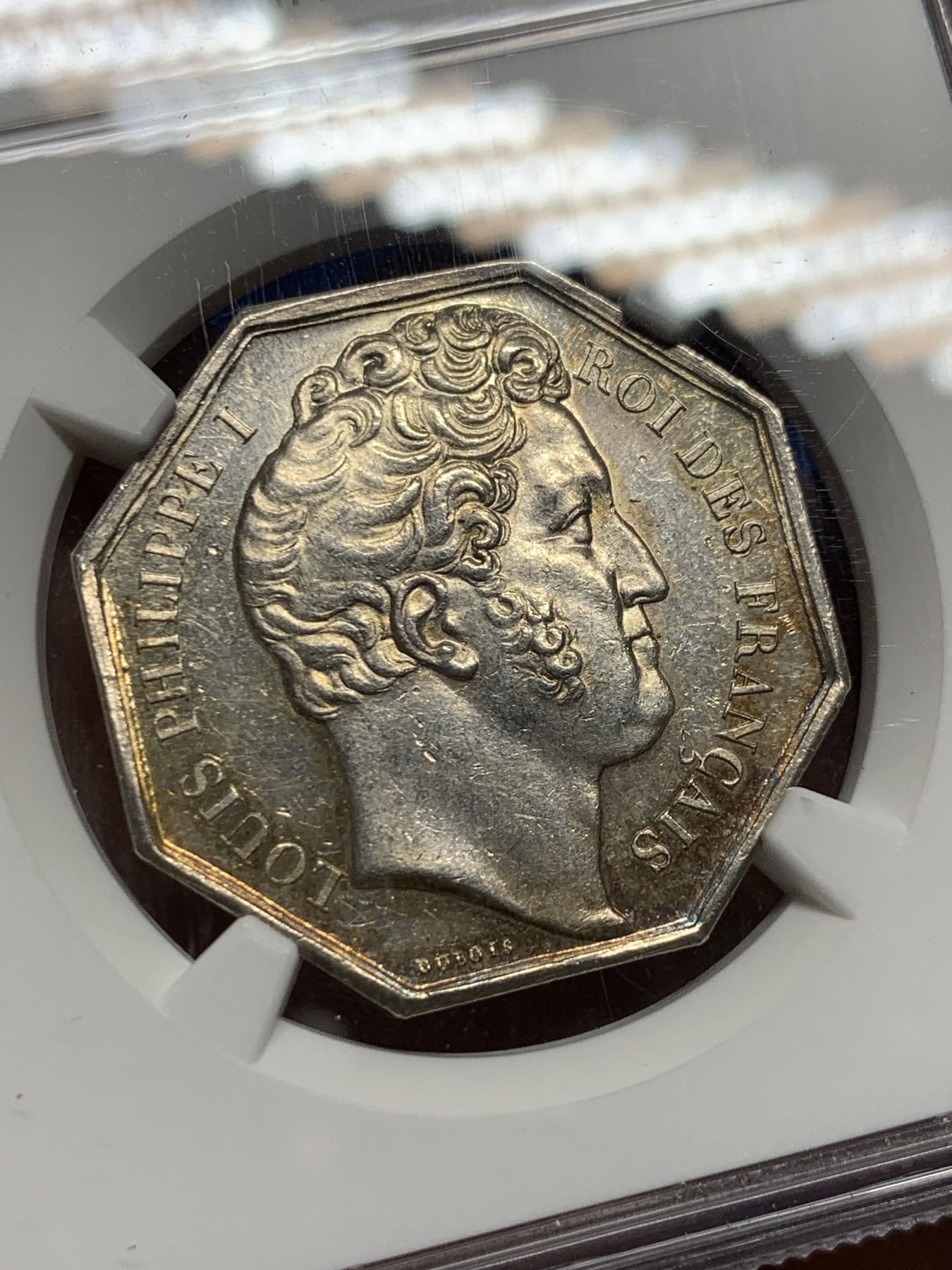 《竞宝斋》第259场-周日，周一 2场连拍 (全场包邮) NGC MS60 法国奥尔良社会八角银质代币 杜伯瓦作品 正面菲利普一世 早期油灯边铭