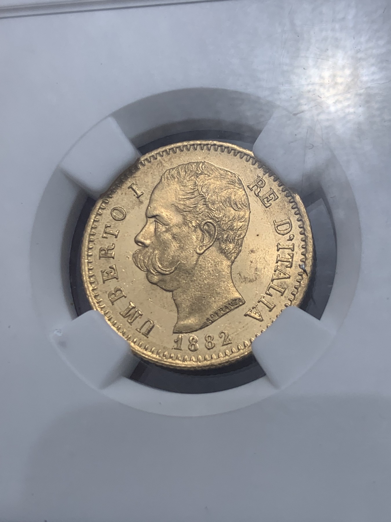 《竞宝斋》第259场-周日，周一 2场连拍 (全场包邮) NGC MS64  意大利 1882年翁贝托20里拉金币  PL镜面底板 6.45克