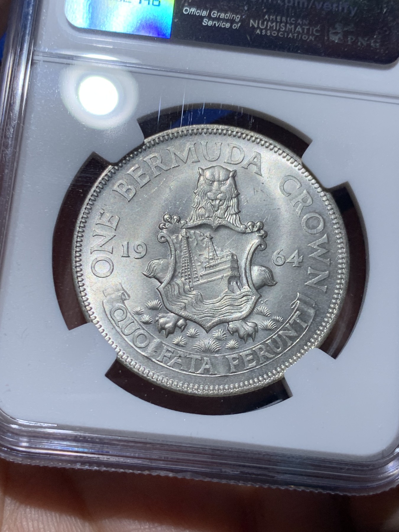 《竞宝斋》第259场-周日，周一 2场连拍 (全场包邮) NGC MS65 英属百慕大1964年伊丽莎白二世青年头像1克朗银币 经典女王头像