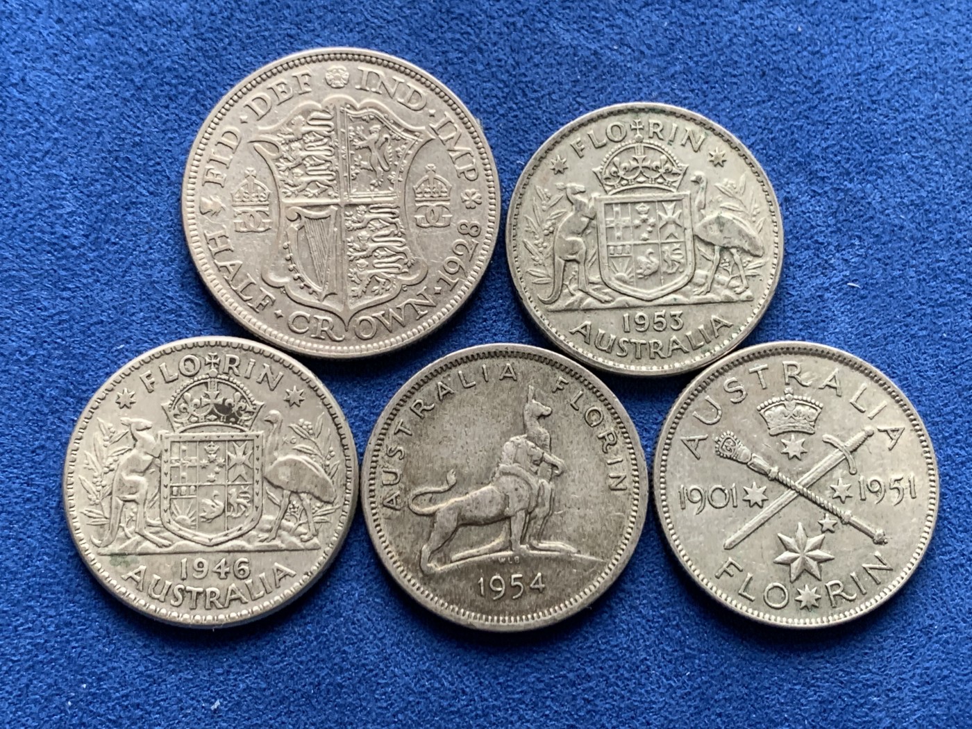 《竞宝斋》第259场-周日，周一 2场连拍 (全场包邮) 5枚一组 澳大利亚Florin 4枚+1928乔五半克朗1枚 银价暴涨