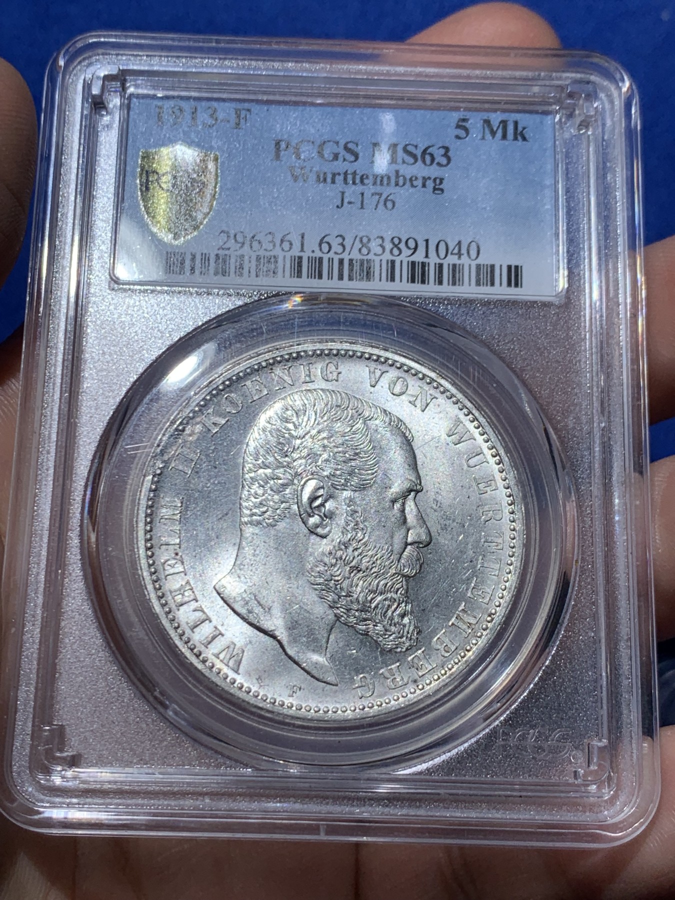 《竞宝斋》第259场-周日，周一 2场连拍 (全场包邮) PCGS MS63 德国符腾堡1913年威廉二世5马克银币，底板转光 暴光BU品相