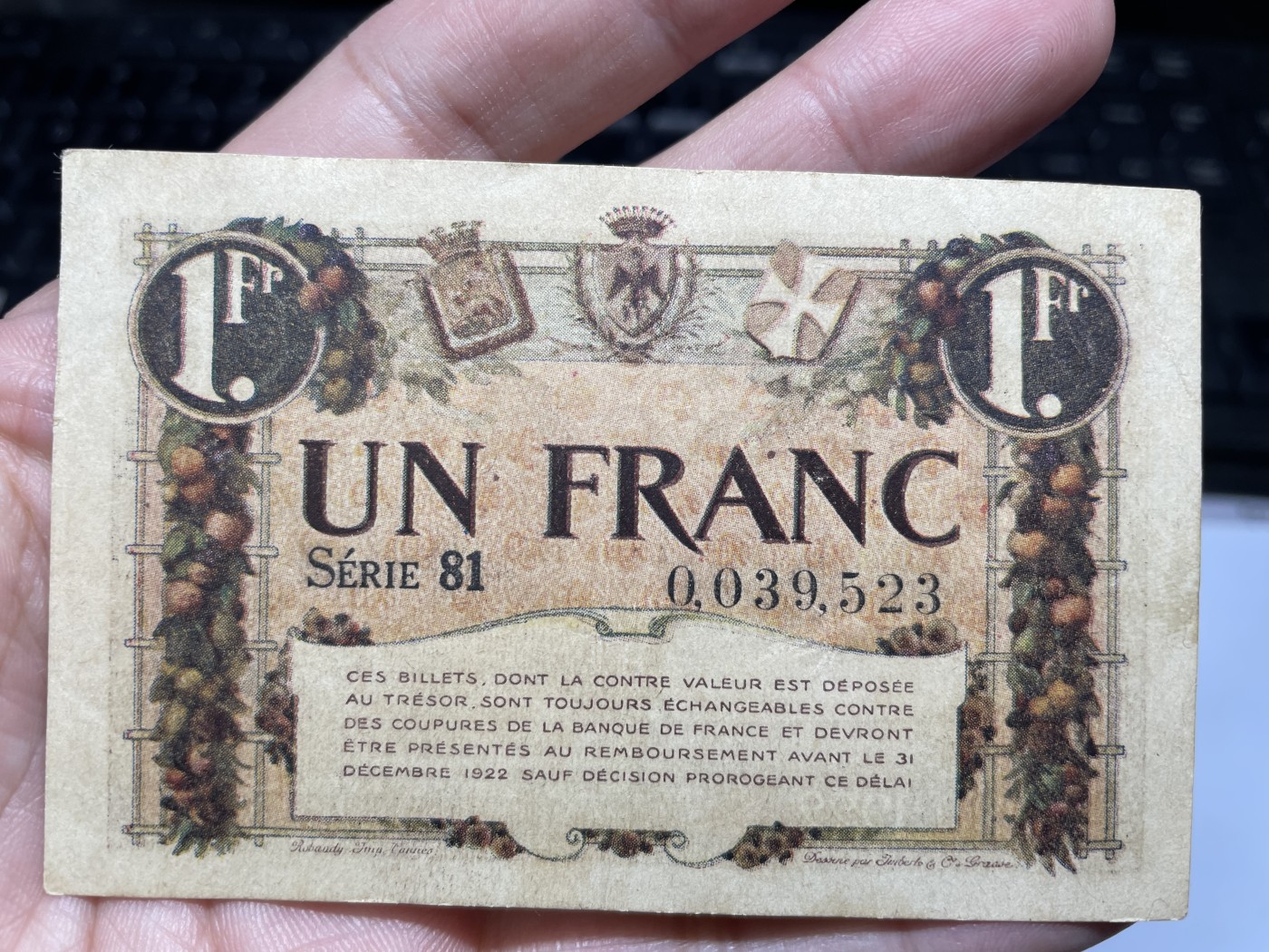 2024年集古藏今外币拍卖第四期-第9场—（总第39拍） 少见好品1920-1922年法国紧急状态时期1法郎纸币