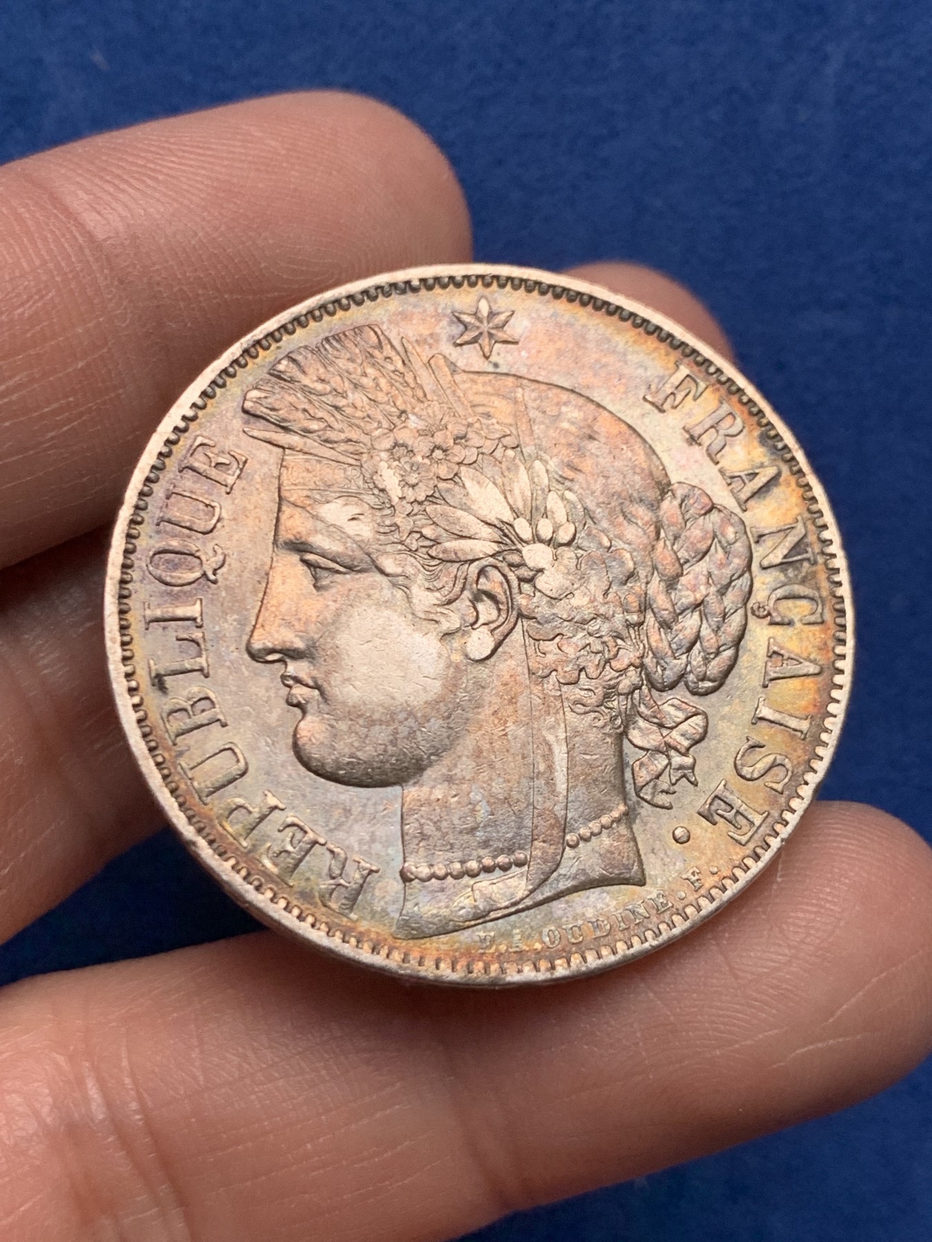 《竞宝斋》第259场-周日，周一 2场连拍 (全场包邮) 法国1850年谷物女神5法郎银币 深彩包浆 状态不错