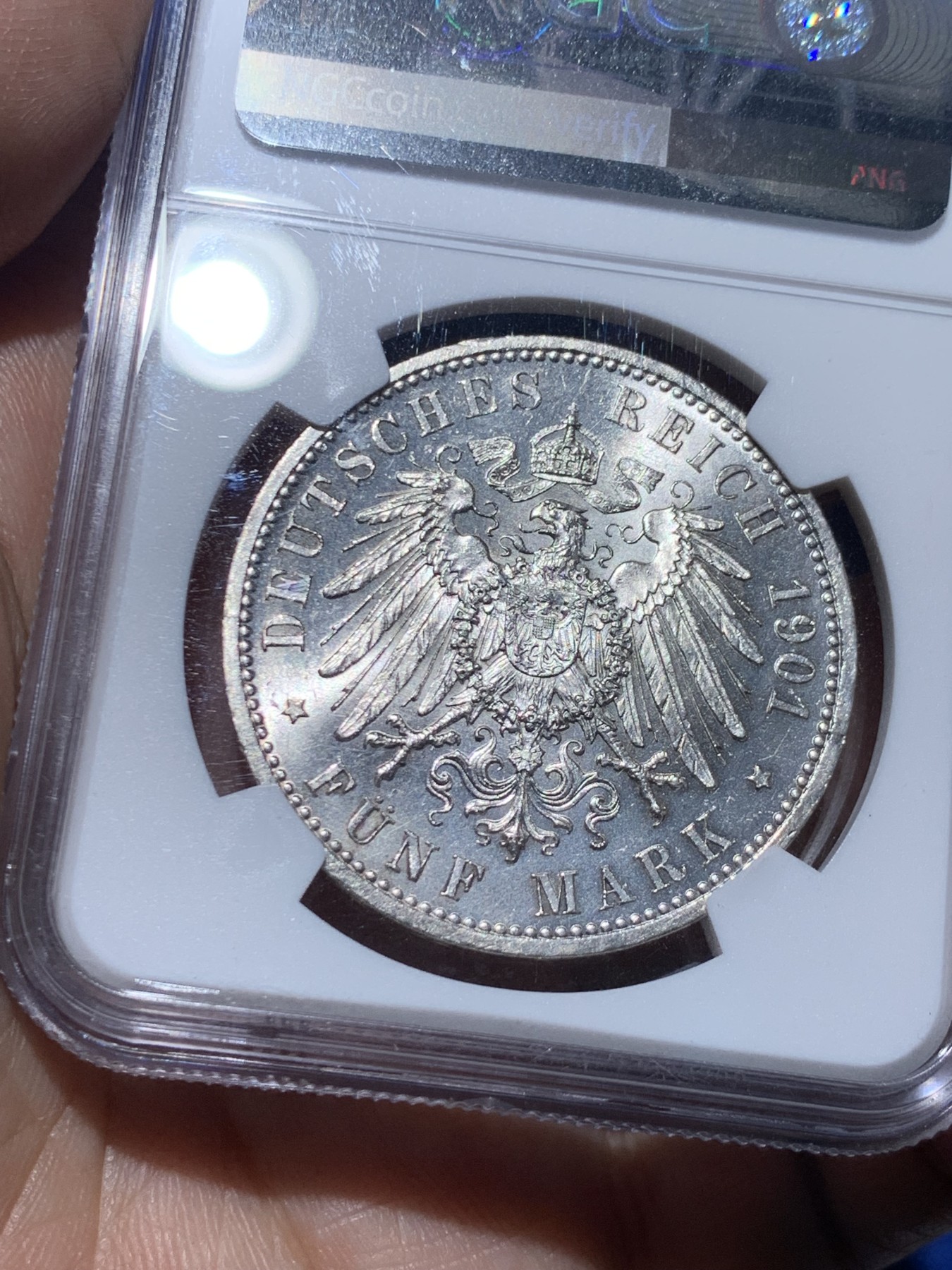 《竞宝斋》第259场-周日，周一 2场连拍 (全场包邮) NGC MS62 德国1901年普鲁士建国200周年5马克纪念银币 转光犀利 状态极佳