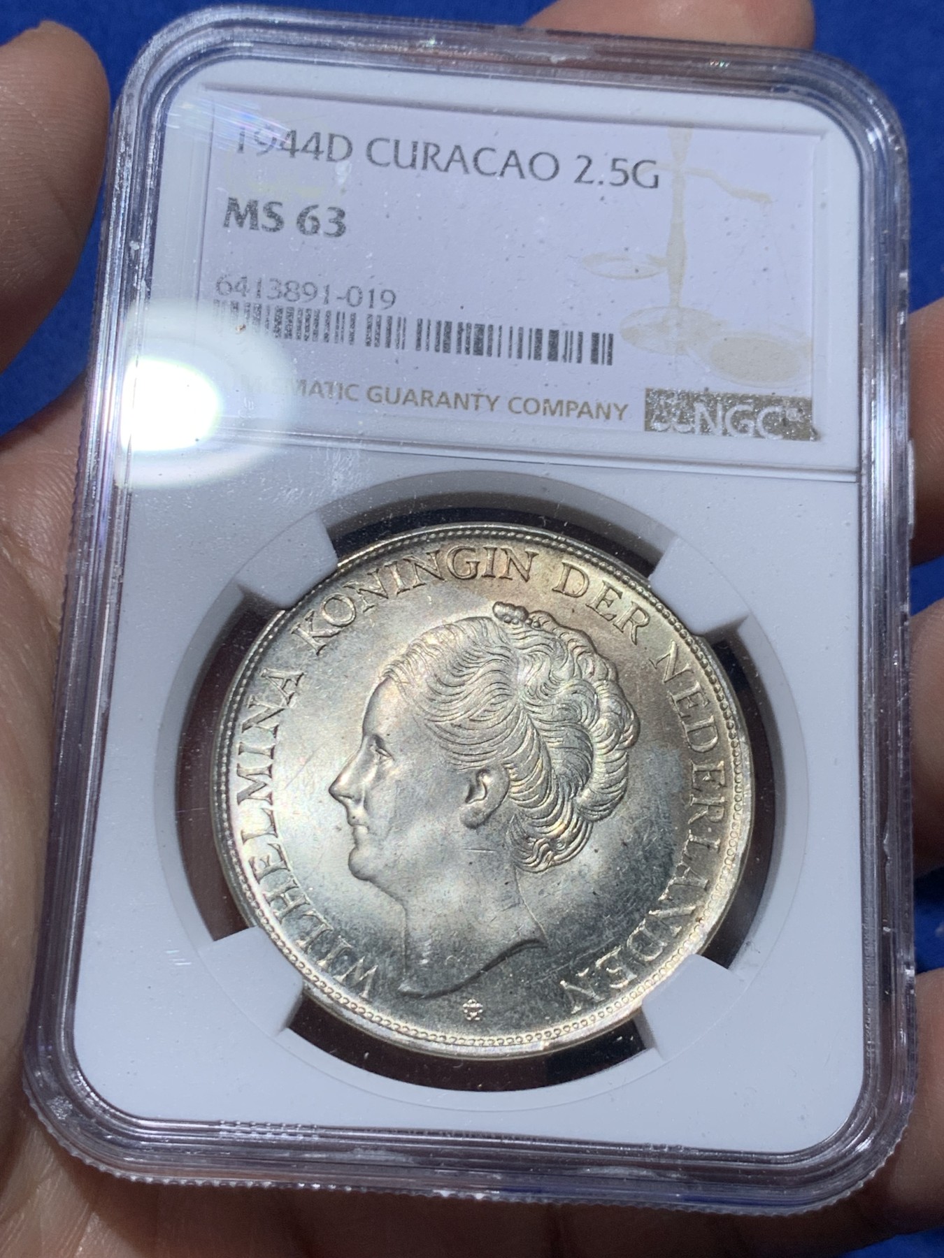 《竞宝斋》第259场-周日，周一 2场连拍 (全场包邮) NGC MS63 荷属库拉索1944D威廉明娜2.5盾大银币