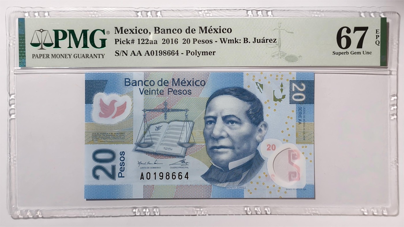 紫瑗钱币——第355期拍卖——纸币场 【首发A冠 PMG 67EPQ】墨西哥 2016年 墨西哥银行 20比索 （P-122aa）