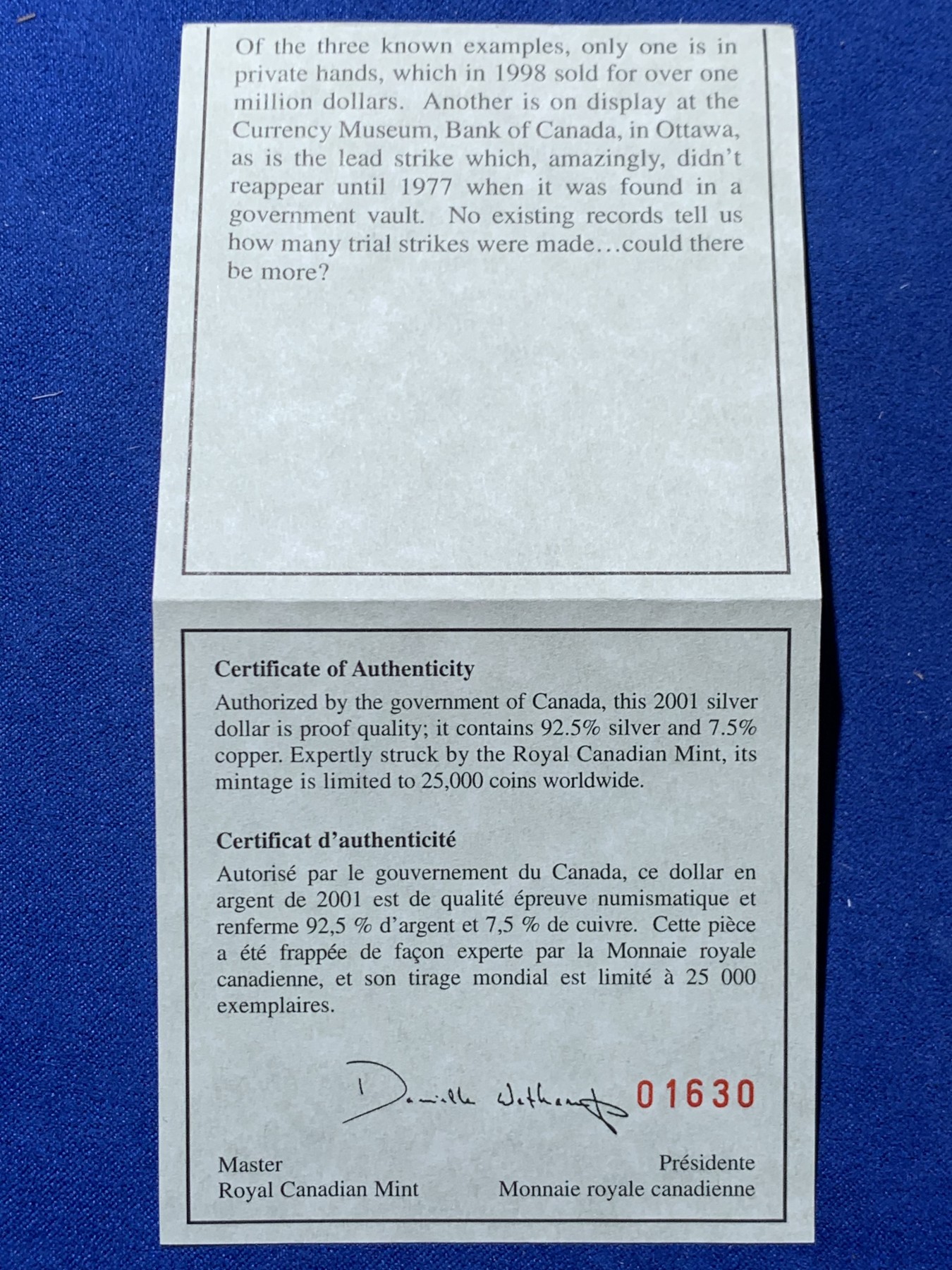 《竞宝斋》第259场-周日，周一 2场连拍 (全场包邮) 2001年加拿大1元精致银币 证书齐全 无氧化