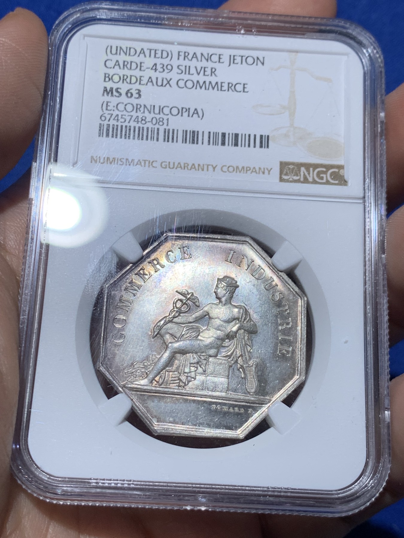 《竞宝斋》第259场-周日，周一 2场连拍 (全场包邮) NGC MS63 法国波尔多商业公司八角银质代币 商业之神墨丘利 丰饶角边铭 五彩包浆 状态非常好