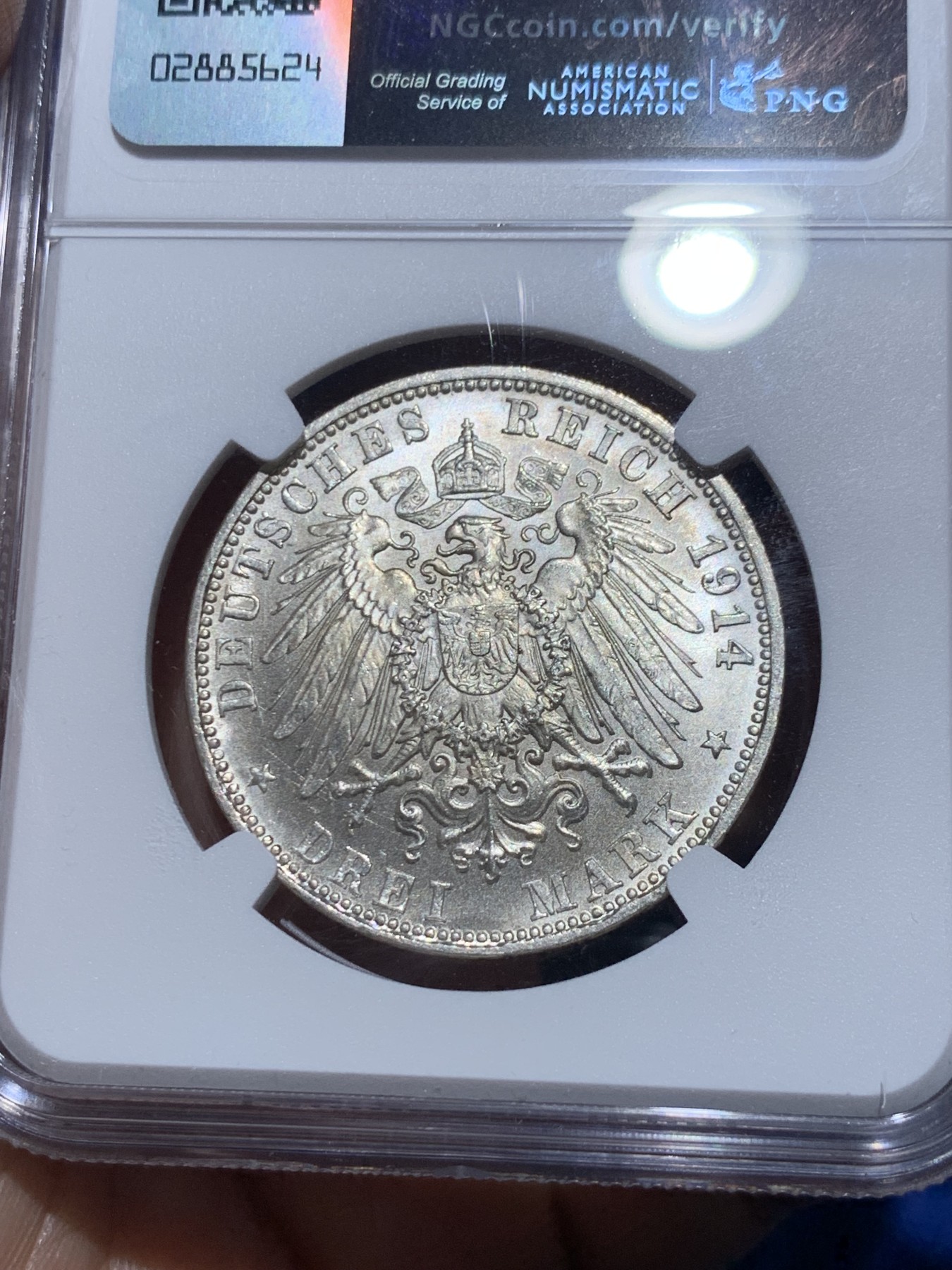 《竞宝斋》第259场-周日，周一 2场连拍 (全场包邮) NGC MS62 德国巴伐利亚1914年3马克银币