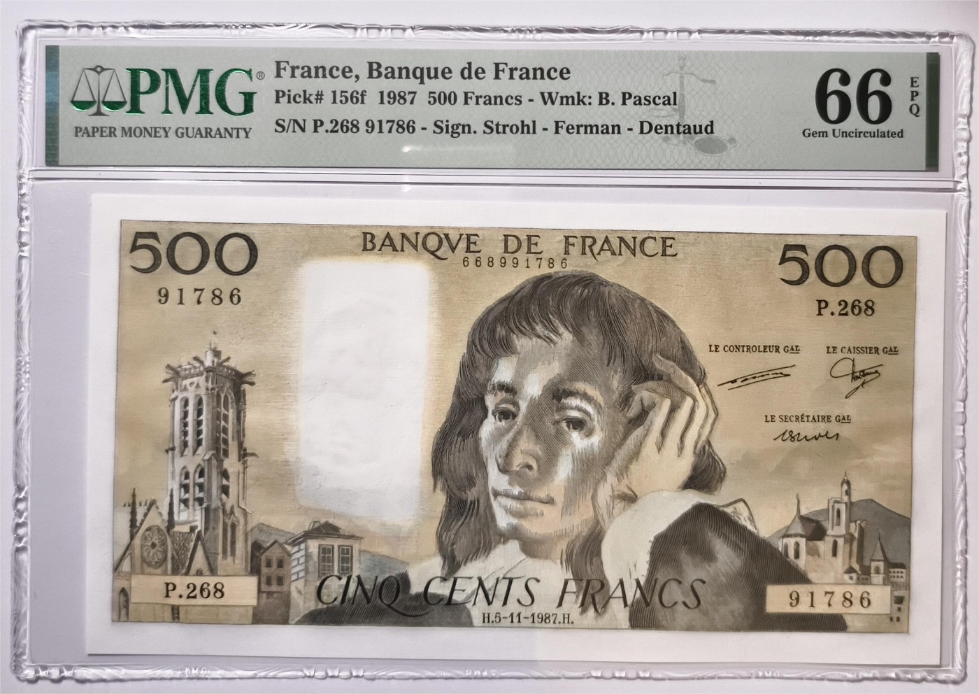 紫瑗钱币——第355期拍卖——纸币场 【PMG 66EPQ】法国 1987年 布莱士·帕斯卡 500法郎 (P-156f)