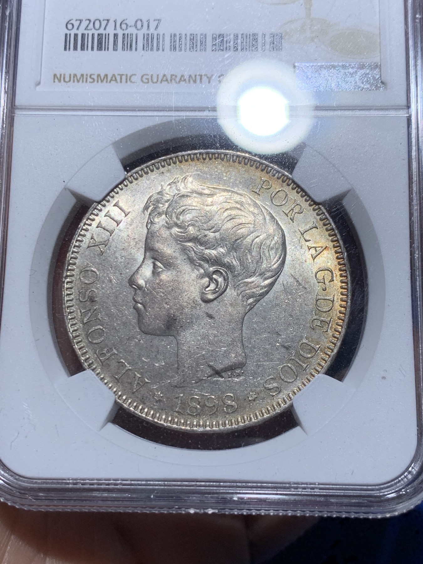 《竞宝斋》第259场-周日，周一 2场连拍 (全场包邮) NGC MS61 西班牙 1898年阿方索十三世小孩头双柱5比塞塔银币