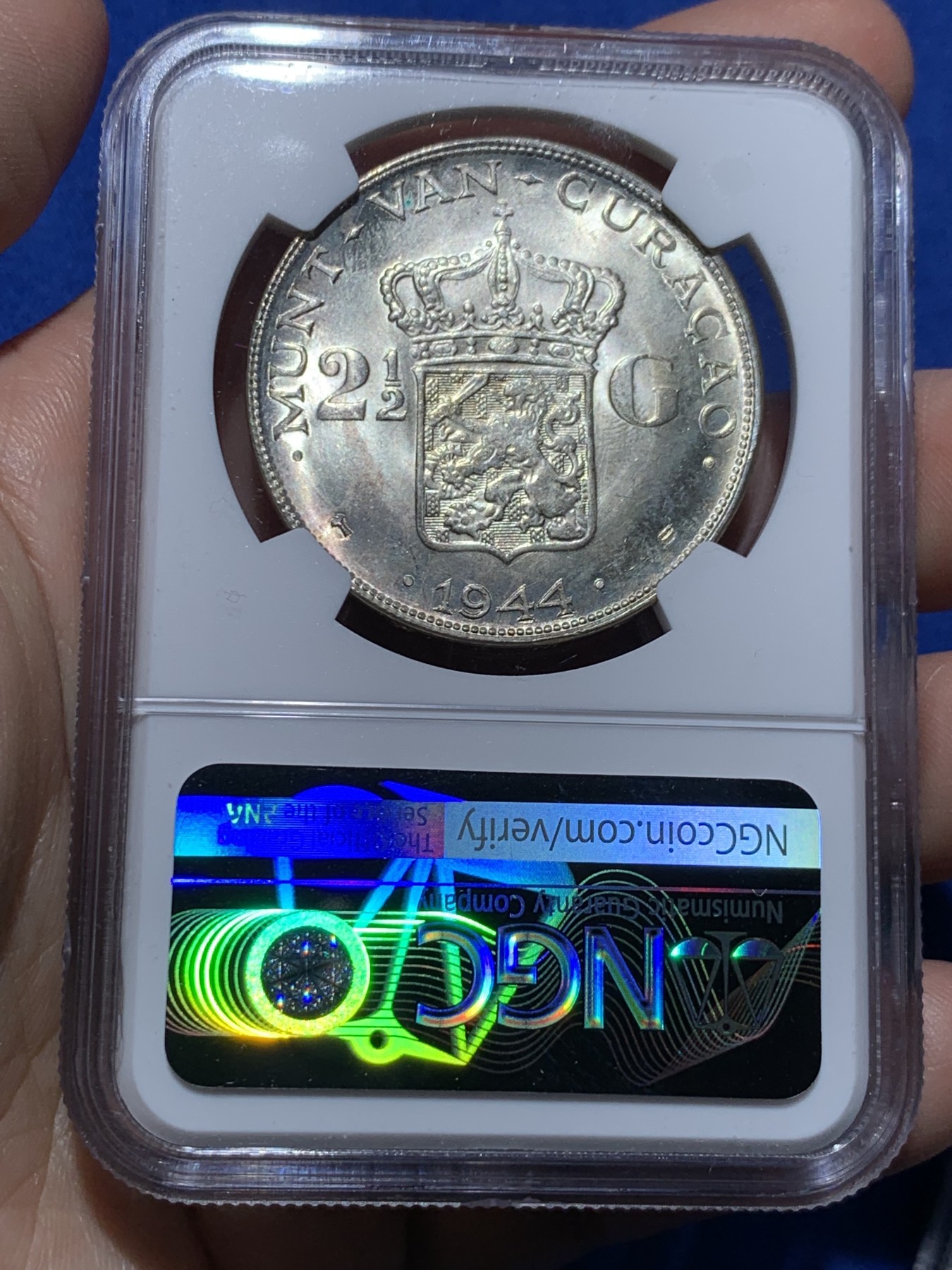 《竞宝斋》第259场-周日，周一 2场连拍 (全场包邮) NGC MS63 荷属库拉索1944D威廉明娜2.5盾大银币