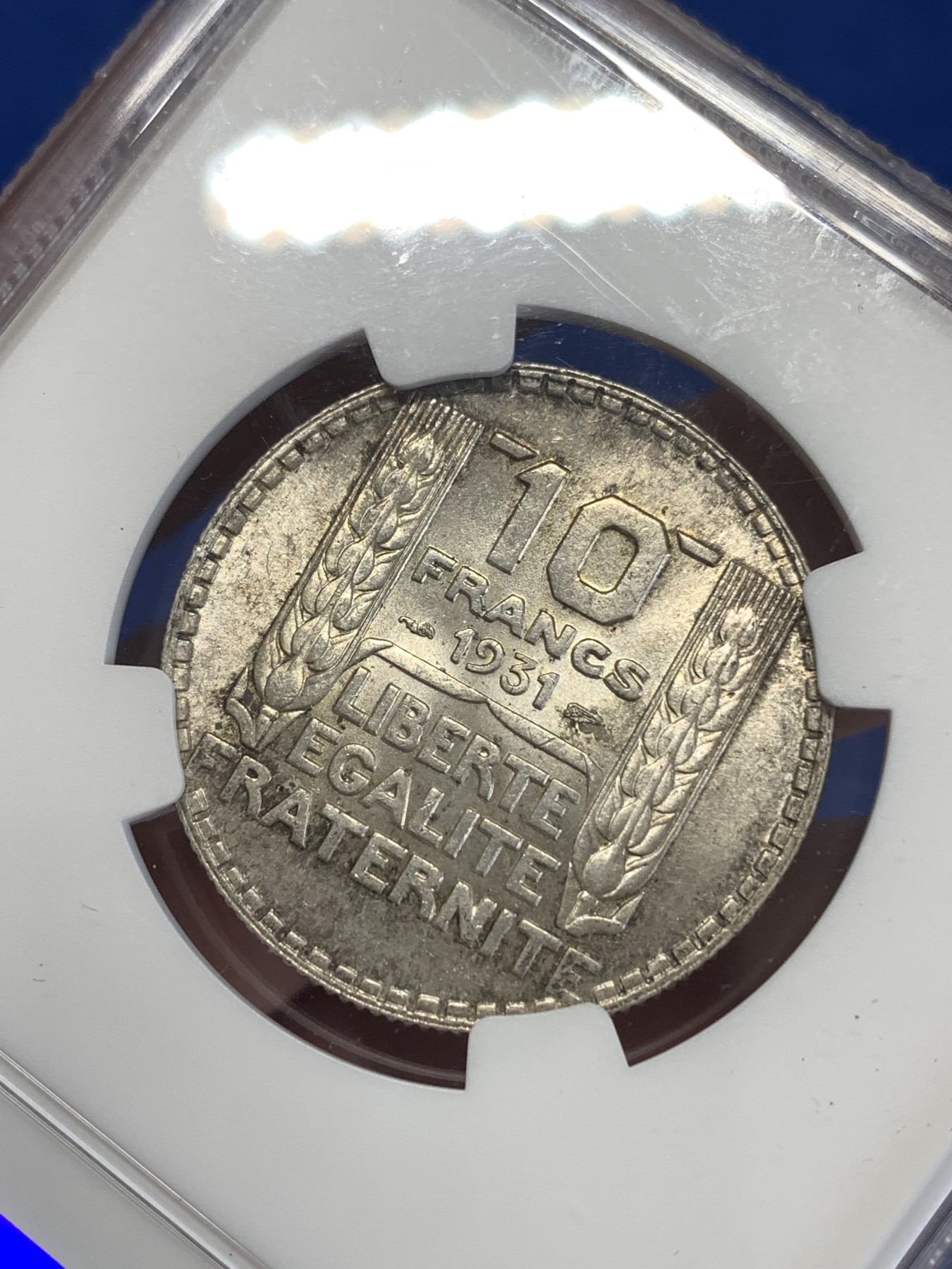 《竞宝斋》第259场-周日，周一 2场连拍 (全场包邮) NGC MS62 法国1931年谷物女神10法郎银币