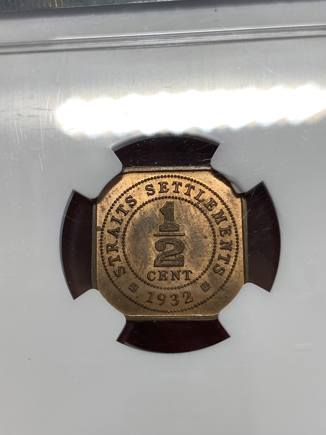 《竞宝斋》第259场-周日，周一 2场连拍 (全场包邮) NGC MS64RB 海峡殖民地1932年1/2分铜币