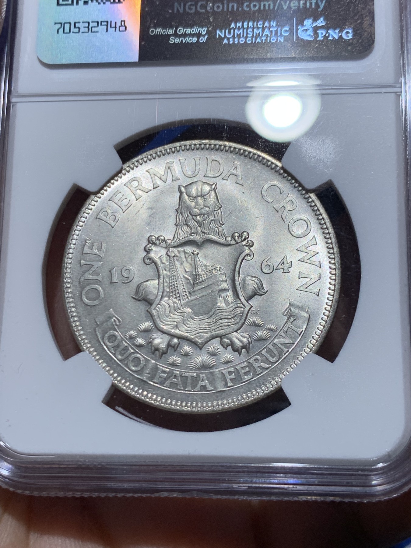 《竞宝斋》第259场-周日，周一 2场连拍 (全场包邮) NGC MS65 英属百慕大1964年伊丽莎白二世青年头像1克朗银币 经典女王头像