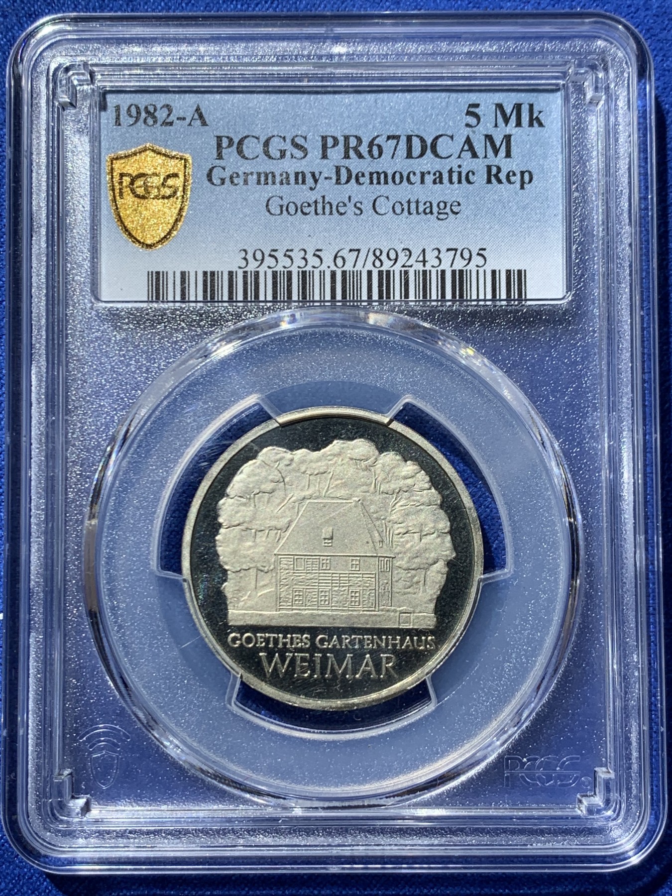 《竞宝斋》第259场-周日，周一 2场连拍 (全场包邮) PCGS PR67DCAM 东德1982年歌德故居精制5马克，东德纪念币精制少见，铸造量仅5500枚