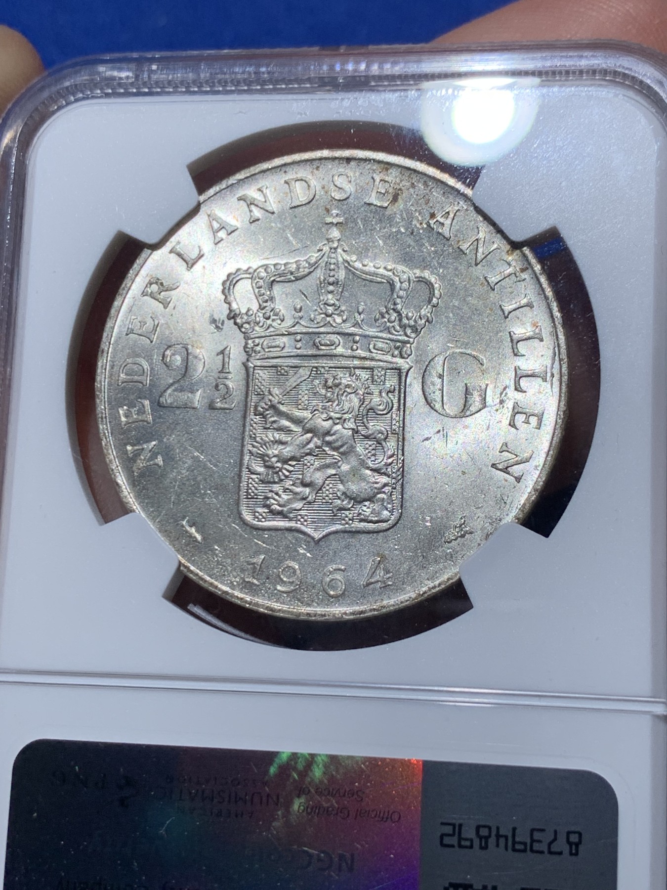 《竞宝斋》第259场-周日，周一 2场连拍 (全场包邮) NGC UNC 荷属安的列斯1964年朱莉安娜女王2.5盾大银币