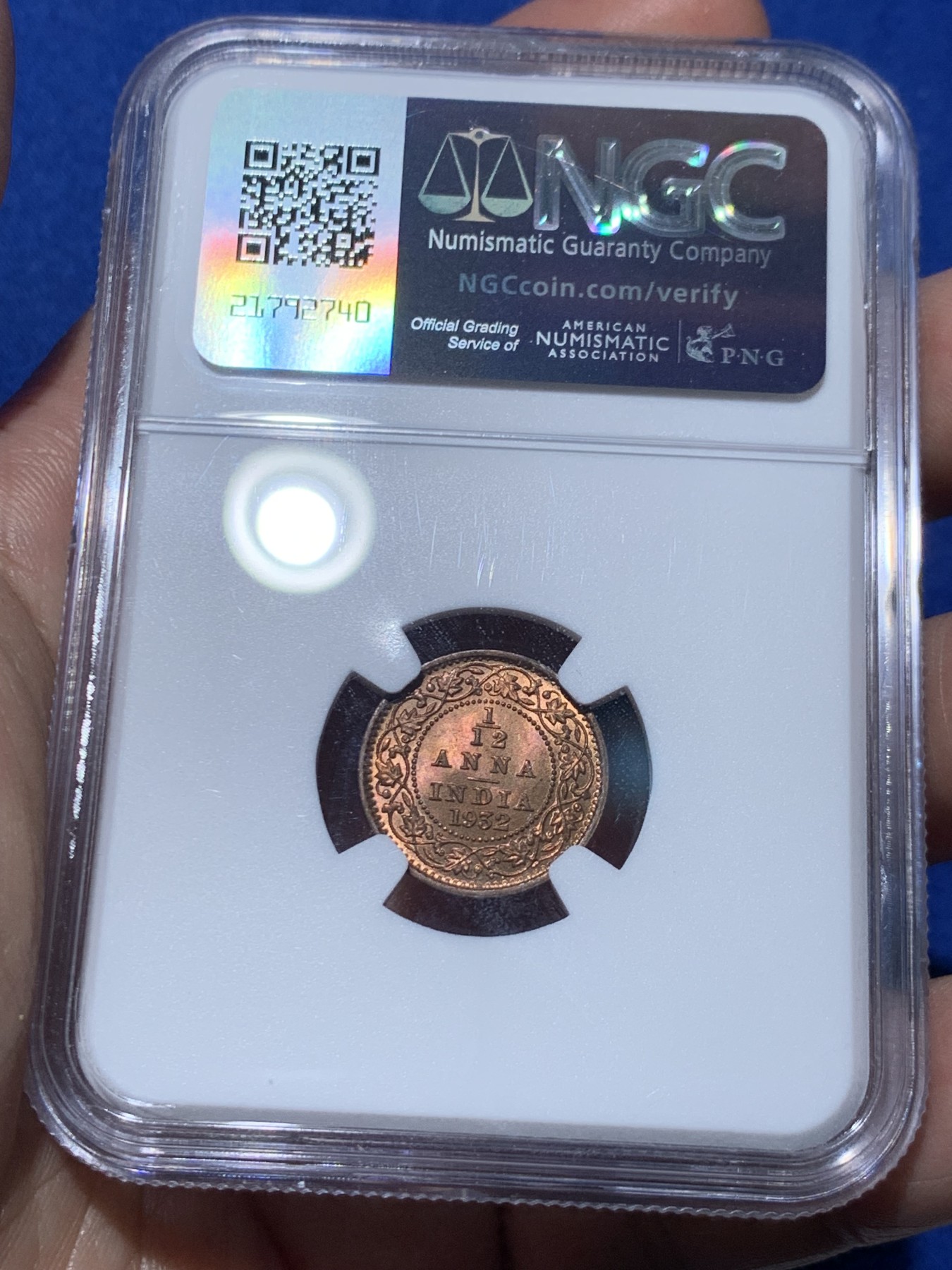 《竞宝斋》第259场-周日，周一 2场连拍 (全场包邮) NGC MS65RB 英属印度乔治五世1932年1/12安娜铜币