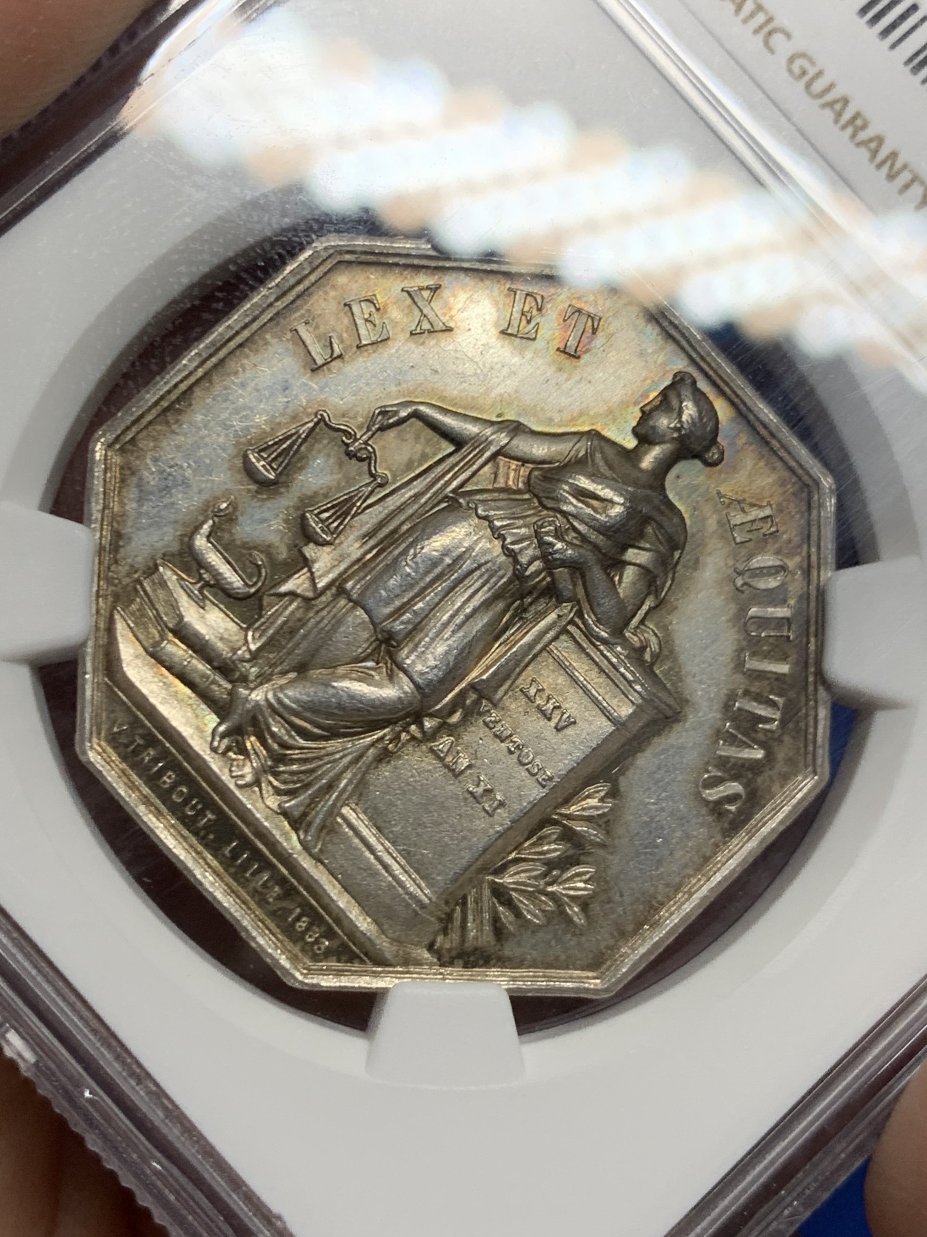 《竞宝斋》第259场-周日，周一 2场连拍 (全场包邮) NGC MS63 法国1883年里尔公证处八角银质代币 丰饶角边铭