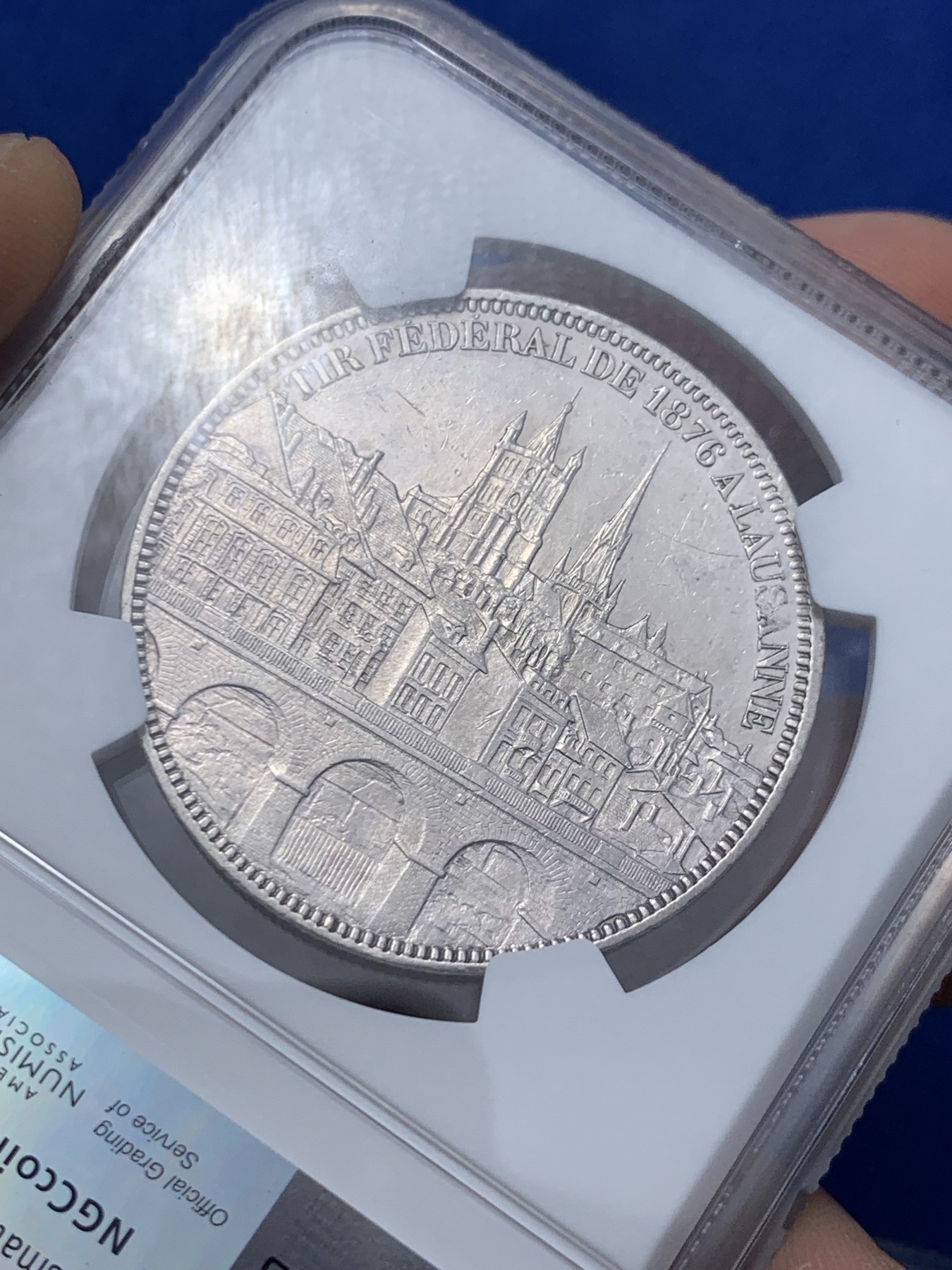 《竞宝斋》第259场-周日，周一 2场连拍 (全场包邮) NGC UNCD 瑞士1876年洛桑景观5法郎银币 底板白净 细节漂亮 发行仅二万枚