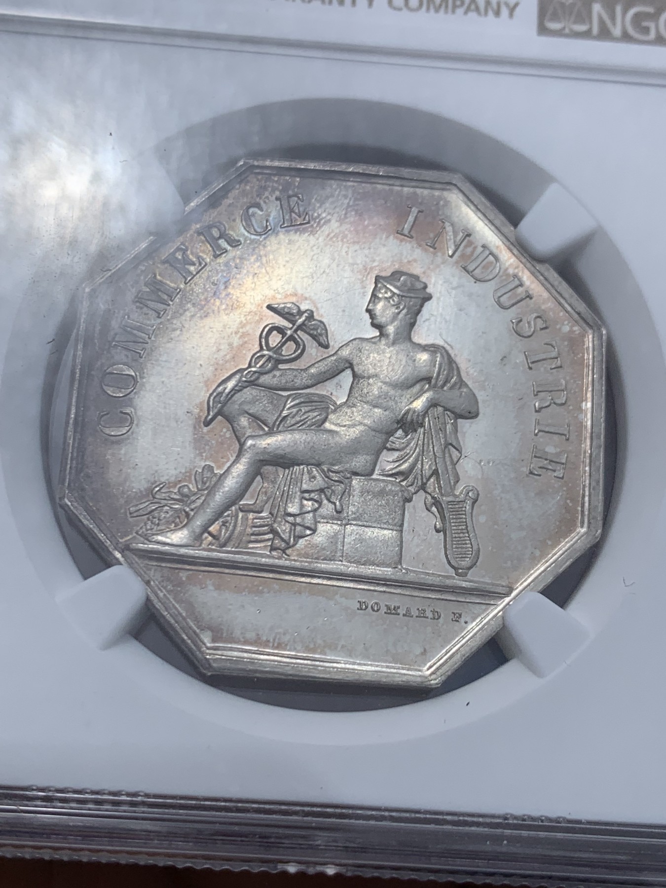 《竞宝斋》第259场-周日，周一 2场连拍 (全场包邮) NGC MS63 法国波尔多商业公司八角银质代币 商业之神墨丘利 丰饶角边铭 五彩包浆 状态非常好