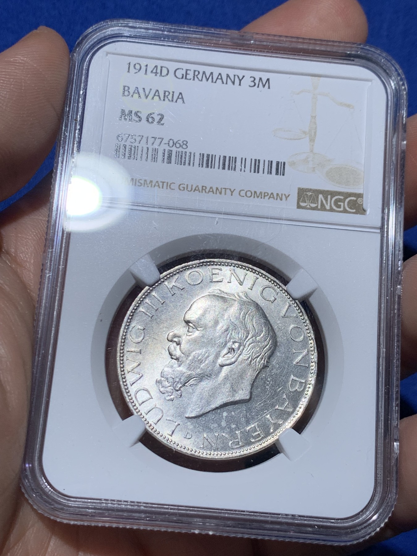 《竞宝斋》第259场-周日，周一 2场连拍 (全场包邮) NGC MS62 德国巴伐利亚1914年3马克银币