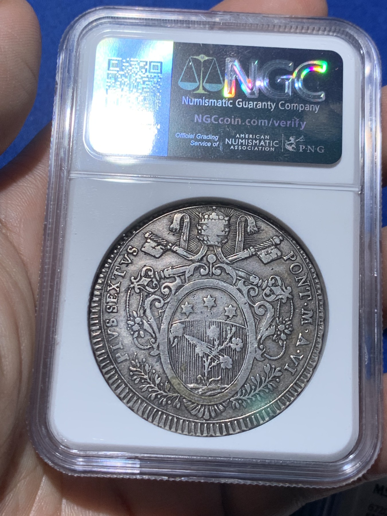 《竞宝斋》第259场-周日，周一 2场连拍 (全场包邮) NGC VFD 意大利教皇国1780年教皇庇护六世斯库多大银