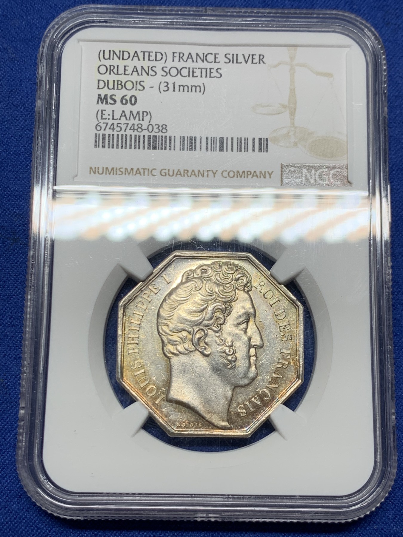 《竞宝斋》第259场-周日，周一 2场连拍 (全场包邮) NGC MS60 法国奥尔良社会八角银质代币 杜伯瓦作品 正面菲利普一世 早期油灯边铭