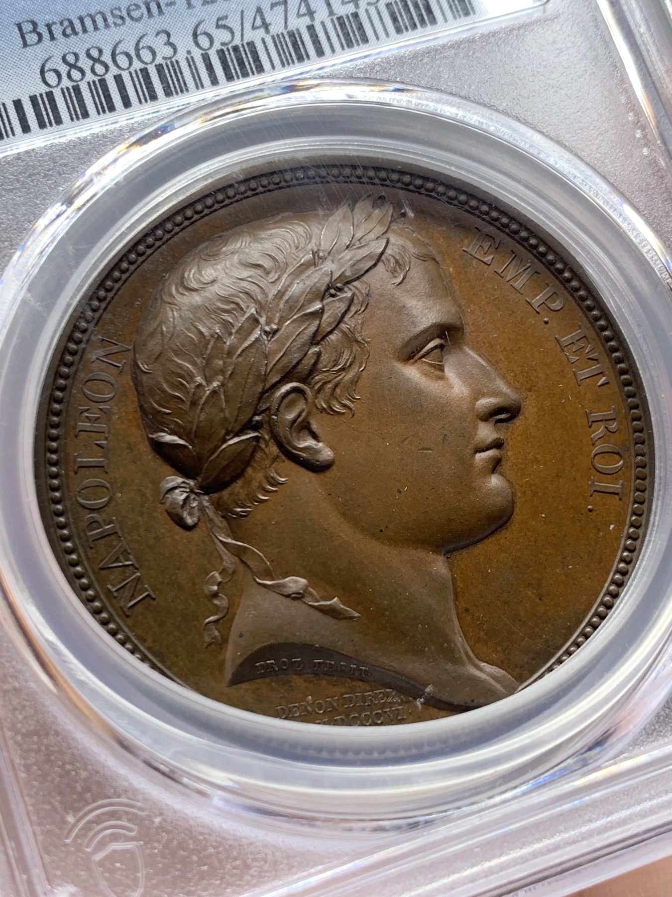 《竞宝斋》第259场-周日，周一 2场连拍 (全场包邮) PCGS SP65 唯一冠军分 法国1813年拿破仑原铸铜章 背面塞尼峰  崇山峻岭 山顶胜利碑 法意交界阿尔卑斯地区 纪念北意大利战役