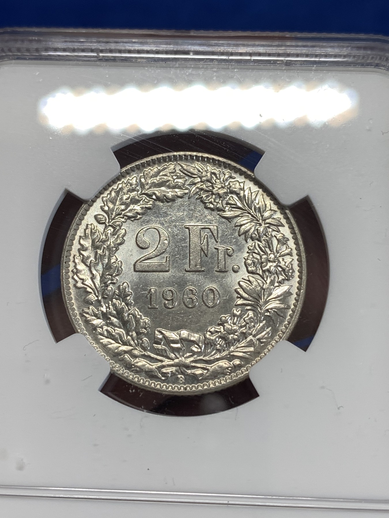 《竞宝斋》第259场-周日，周一 2场连拍 (全场包邮) NGC MS62 瑞士 1960年 赫尔维蒂亚 雪山女神2法郎银币