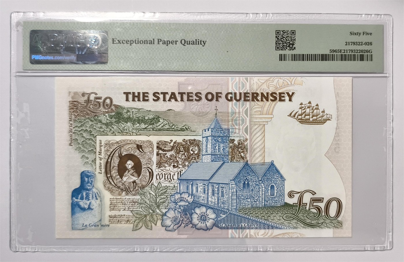 紫瑗钱币——第339期拍卖——纸币场 【首发A冠 PMG 65EPQ】格恩西 1994年 伊丽莎白二世 高冠 50磅 (P-59)