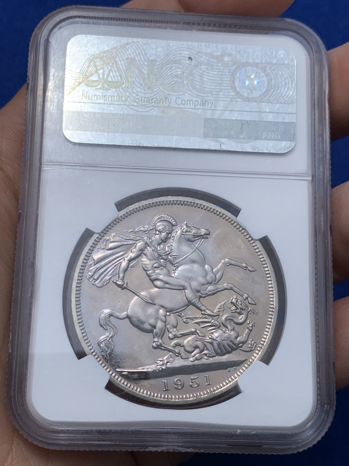 《竞宝斋》第259场-周日，周一 2场连拍 (全场包邮) NGC PL63 英国1951年乔治六世克朗 最后的镍马剑