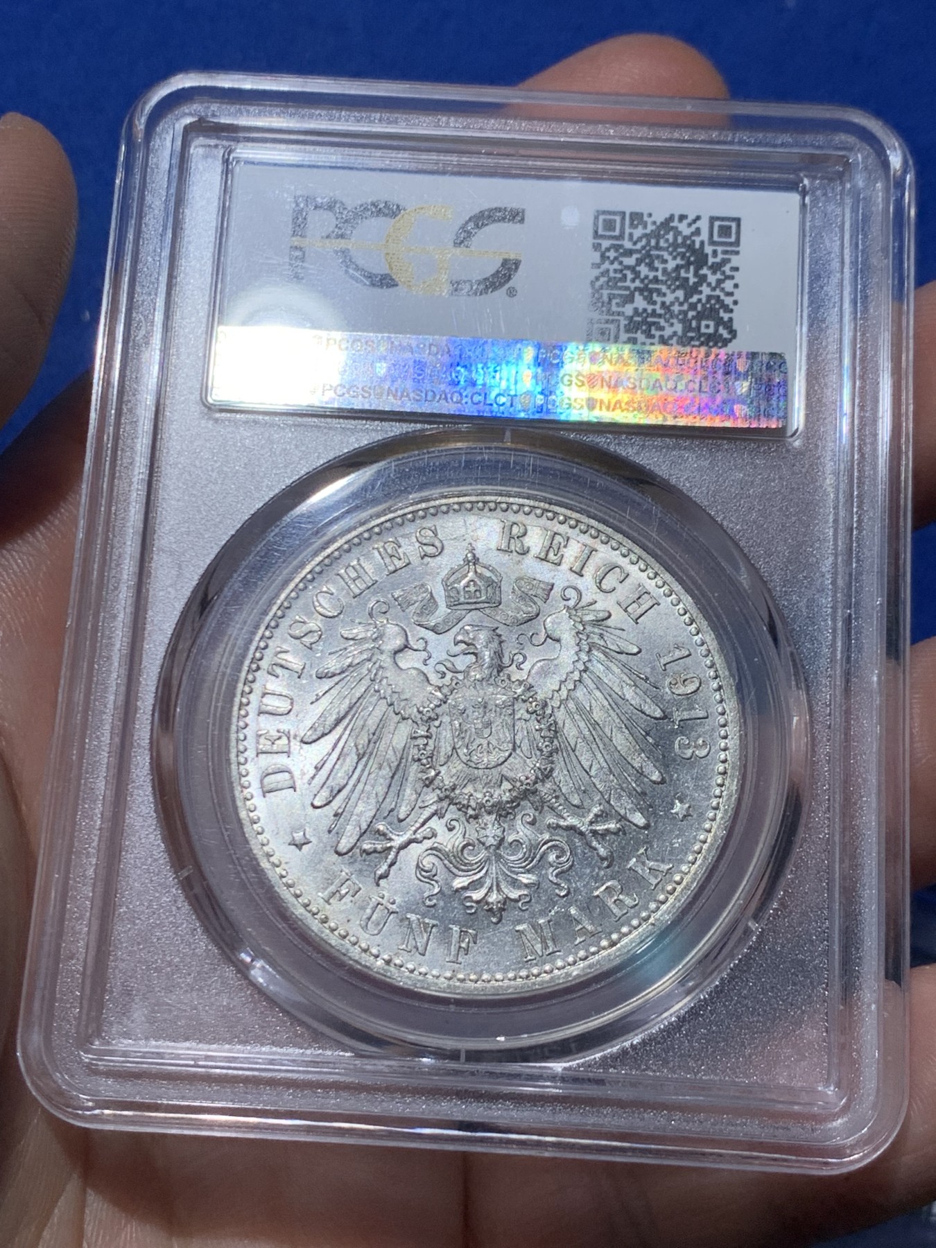 《竞宝斋》第259场-周日，周一 2场连拍 (全场包邮) PCGS MS63 德国符腾堡1913年威廉二世5马克银币，底板转光 暴光BU品相