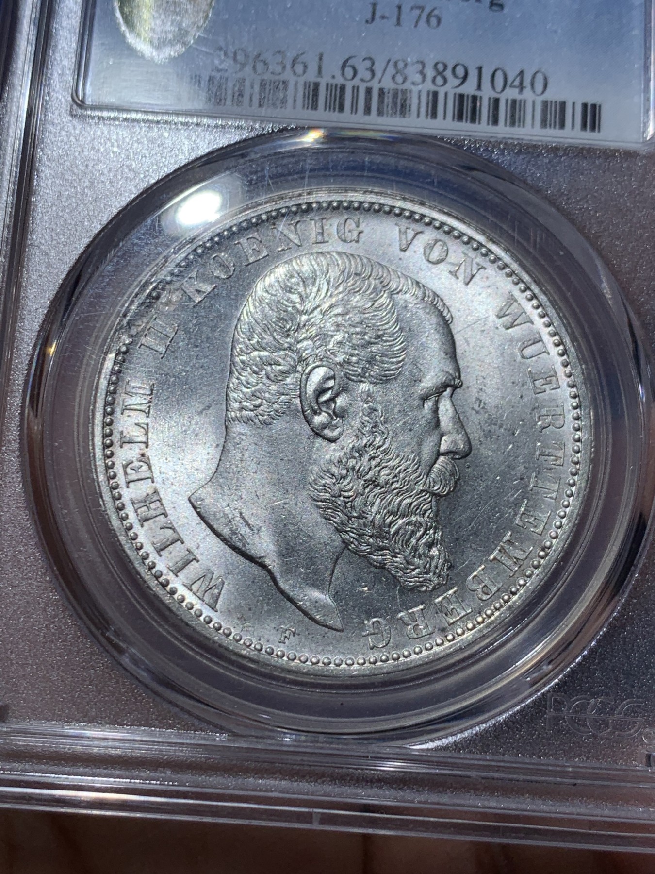 《竞宝斋》第259场-周日，周一 2场连拍 (全场包邮) PCGS MS63 德国符腾堡1913年威廉二世5马克银币，底板转光 暴光BU品相
