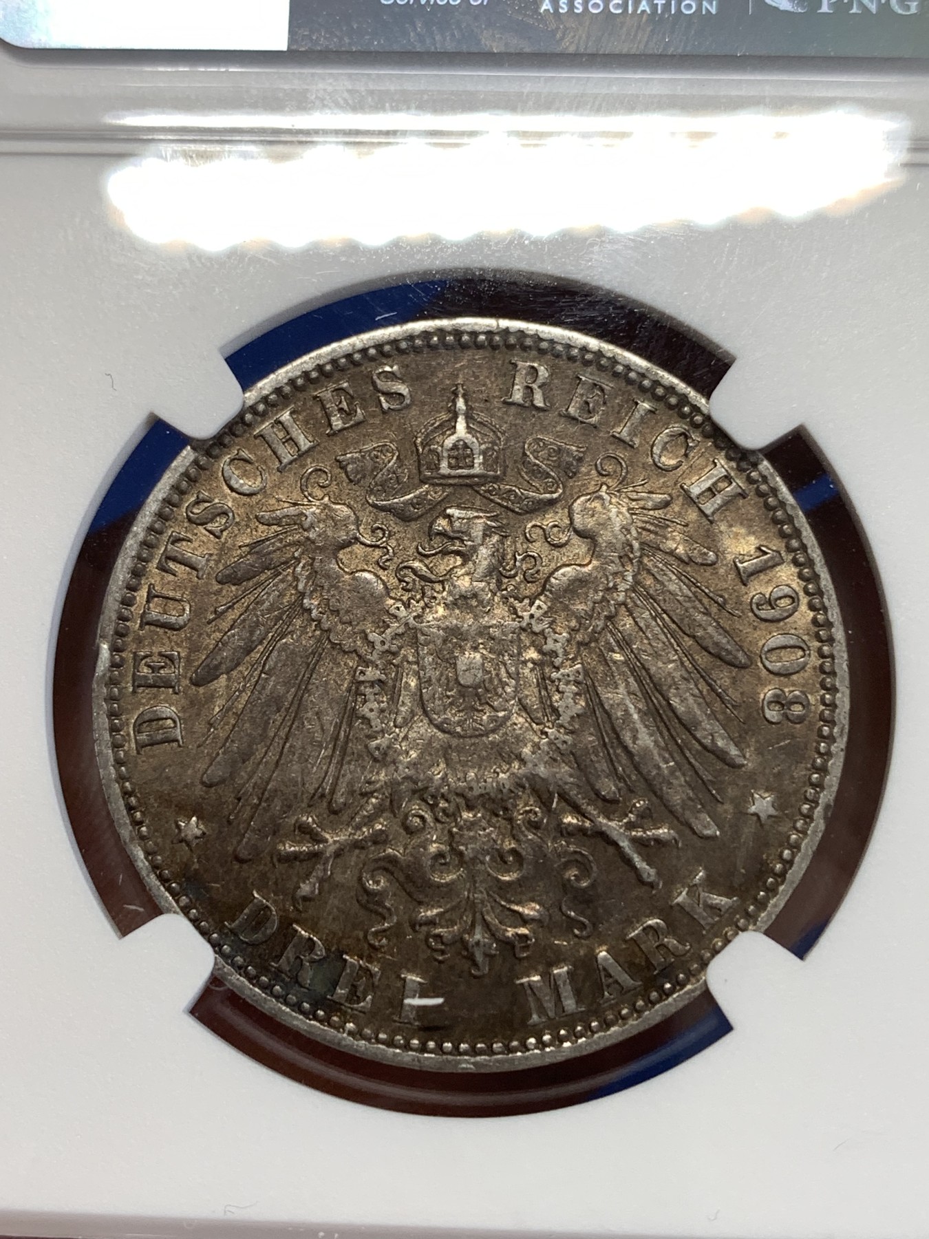 《竞宝斋》第259场-周日，周一 2场连拍 (全场包邮) NGC AU55 德国1908年汉堡双狮3马克银币 原味深包浆