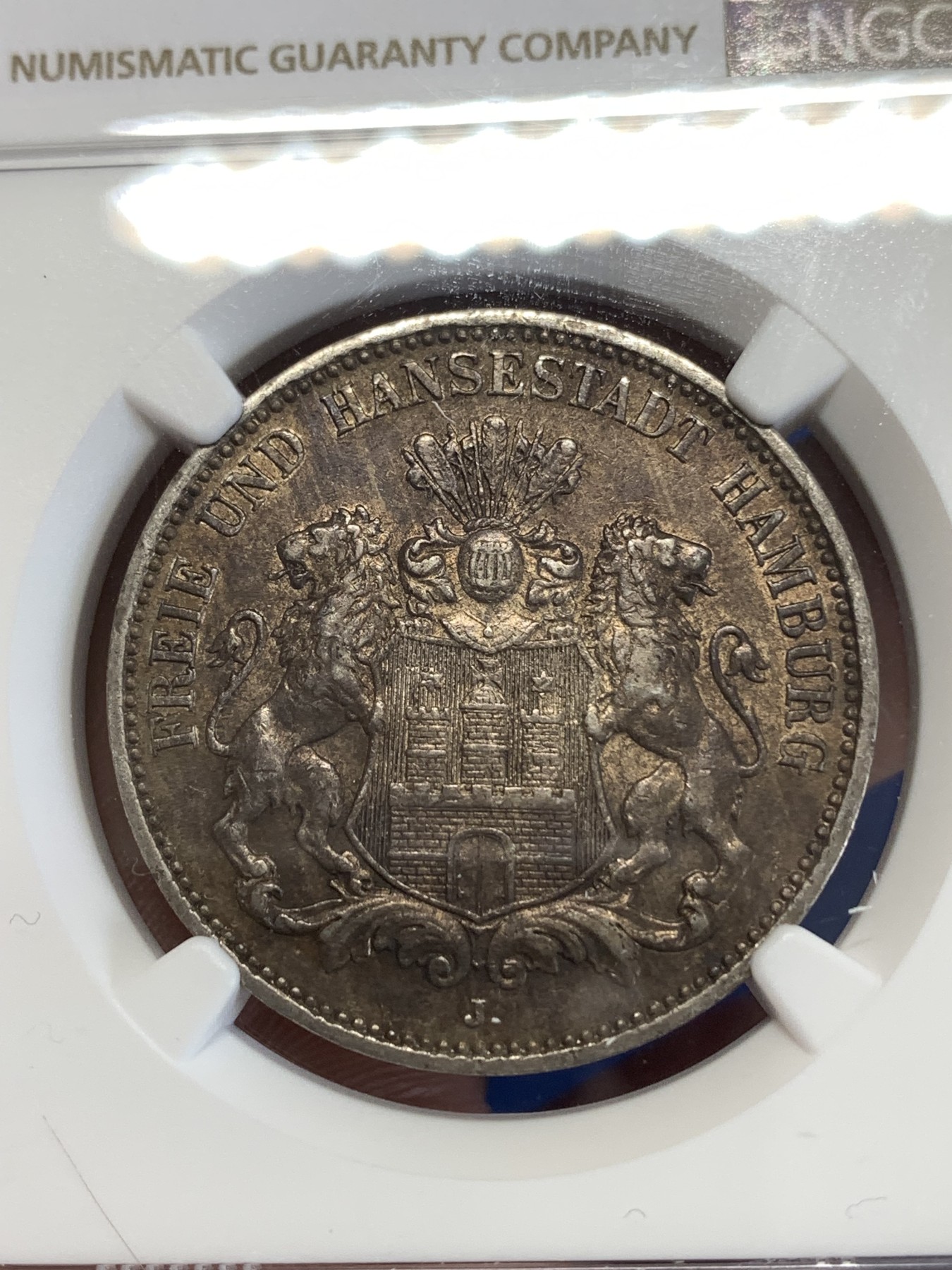 《竞宝斋》第259场-周日，周一 2场连拍 (全场包邮) NGC AU55 德国1908年汉堡双狮3马克银币 原味深包浆