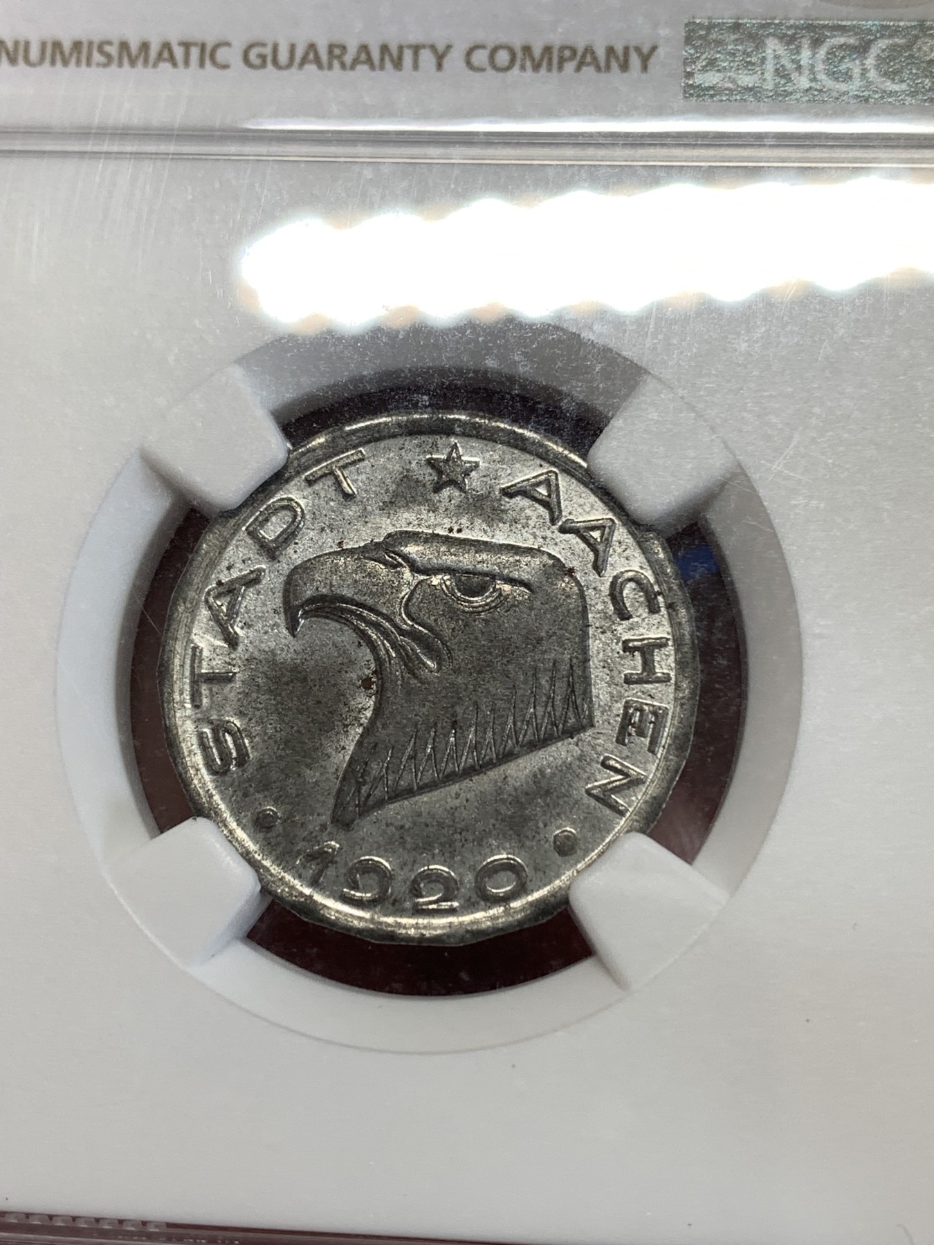 《竞宝斋》第259场-周日，周一 2场连拍 (全场包邮) NGC MS62 1920德国亚琛50芬妮鹰头铁币 热门品种