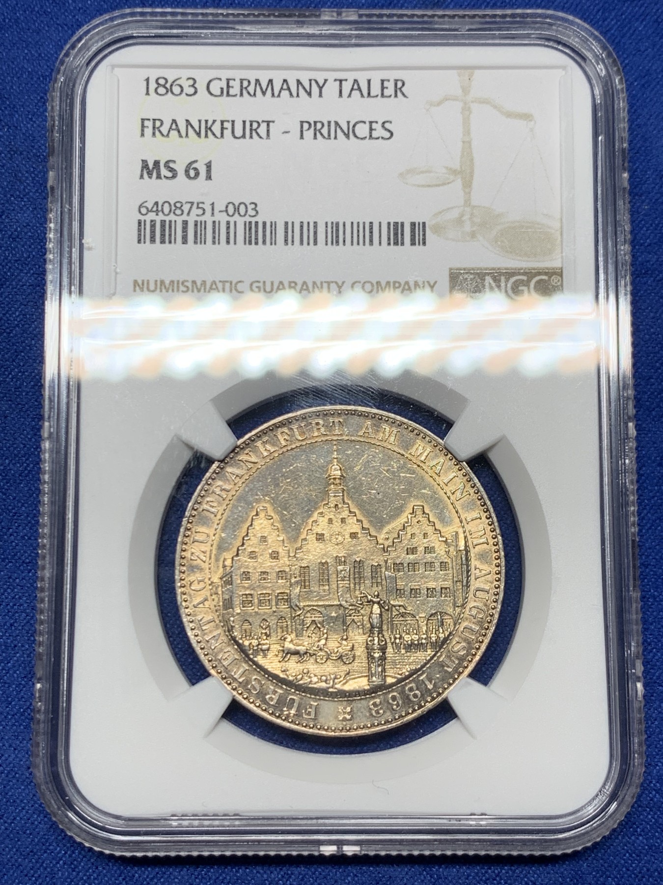《竞宝斋》第259场-周日，周一 2场连拍 (全场包邮) NGC MS61 德国1863年法兰克福王子会议1泰勒银币