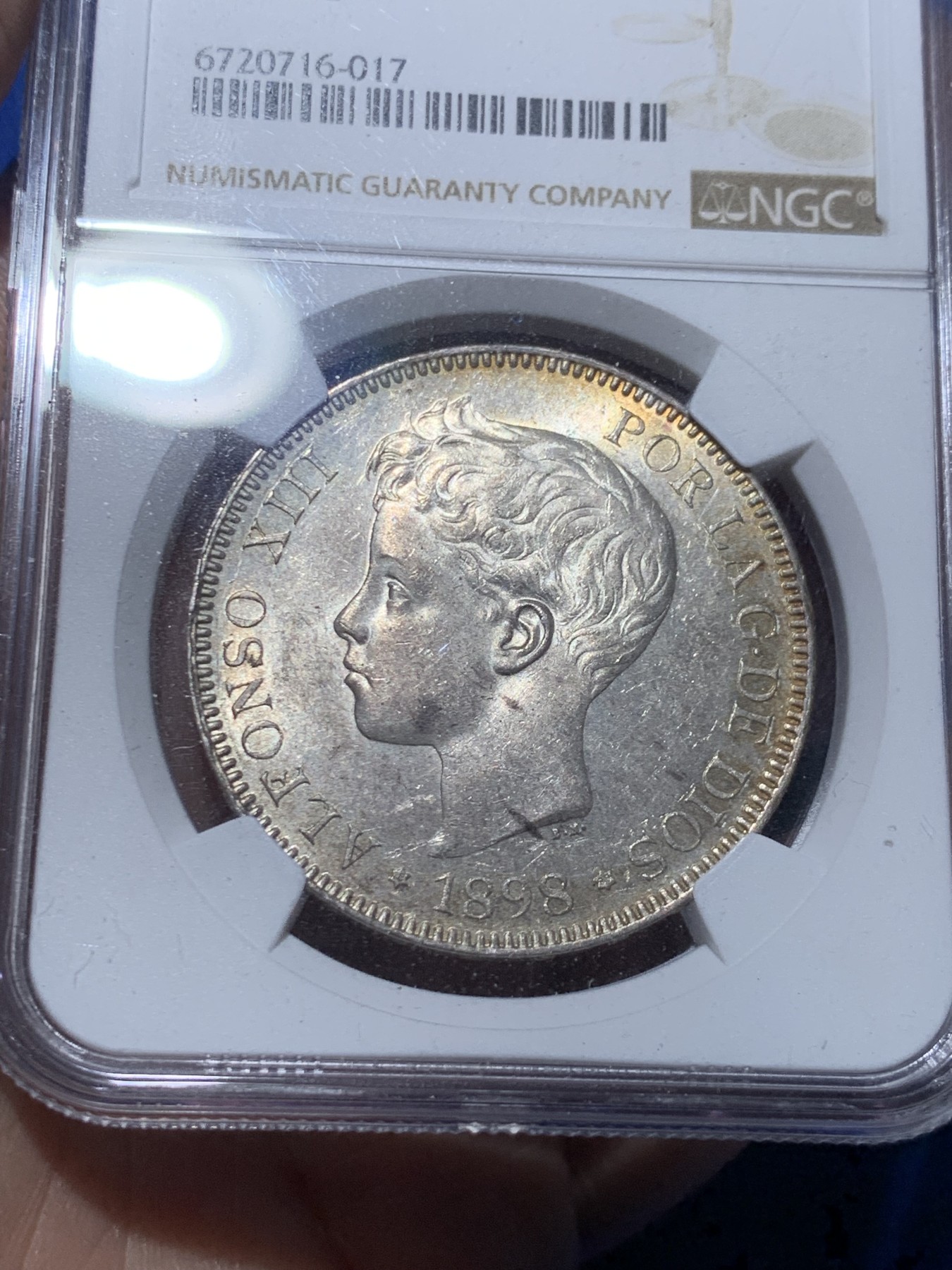 《竞宝斋》第259场-周日，周一 2场连拍 (全场包邮) NGC MS61 西班牙 1898年阿方索十三世小孩头双柱5比塞塔银币